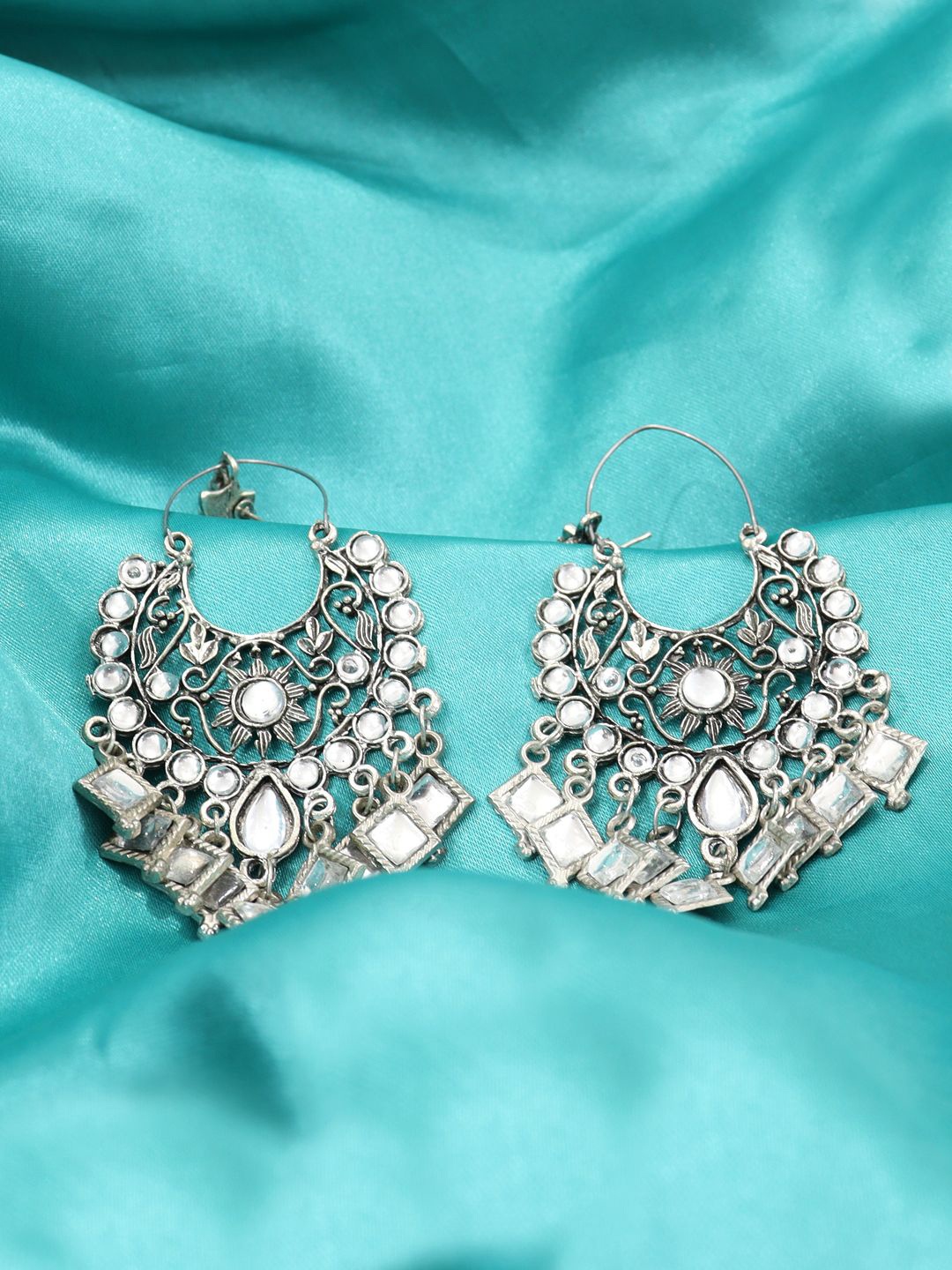 

FIMBUL German Silver Stones Studded Oxidised Chandbalis