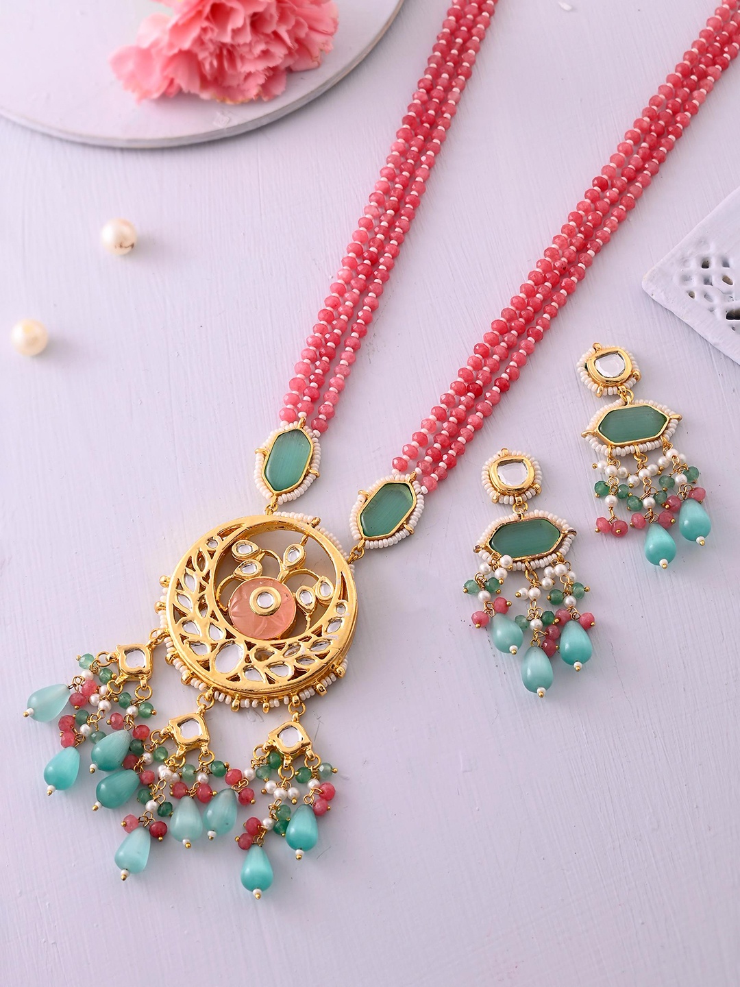 

DASTOOR Gold Plated Kundan Stones Studded & Beaded Necklace & Earrings