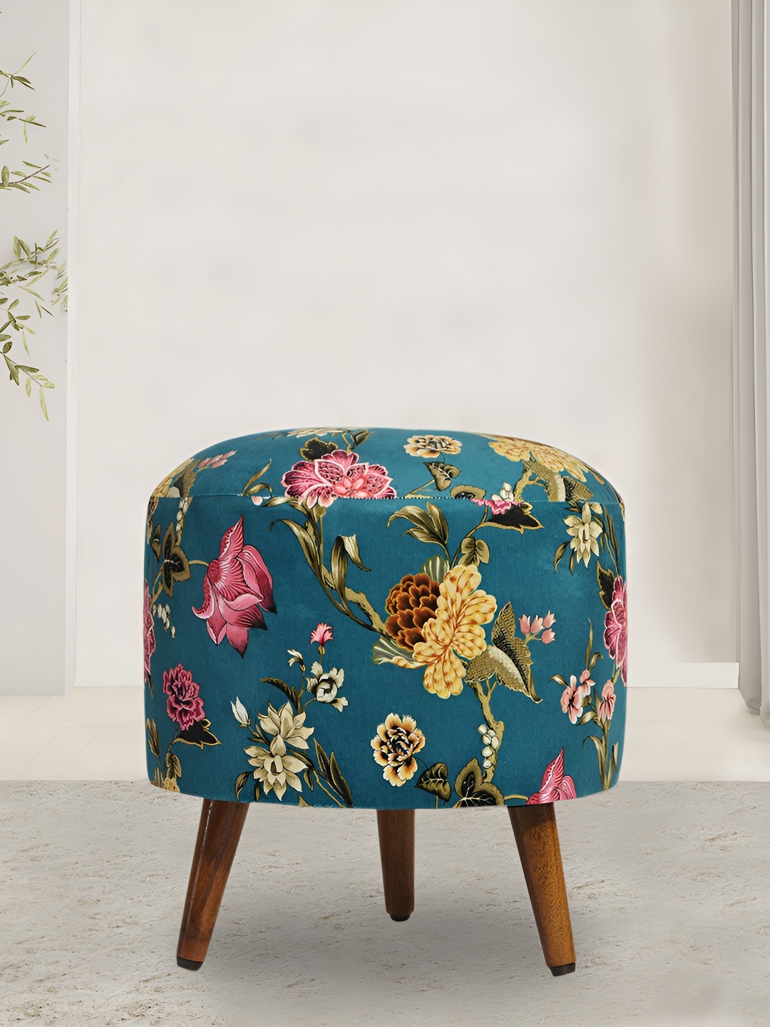 

GLOBALLY INDIAN Teal-Blue & Yellow Printed Wooden Round Puff Ottoman