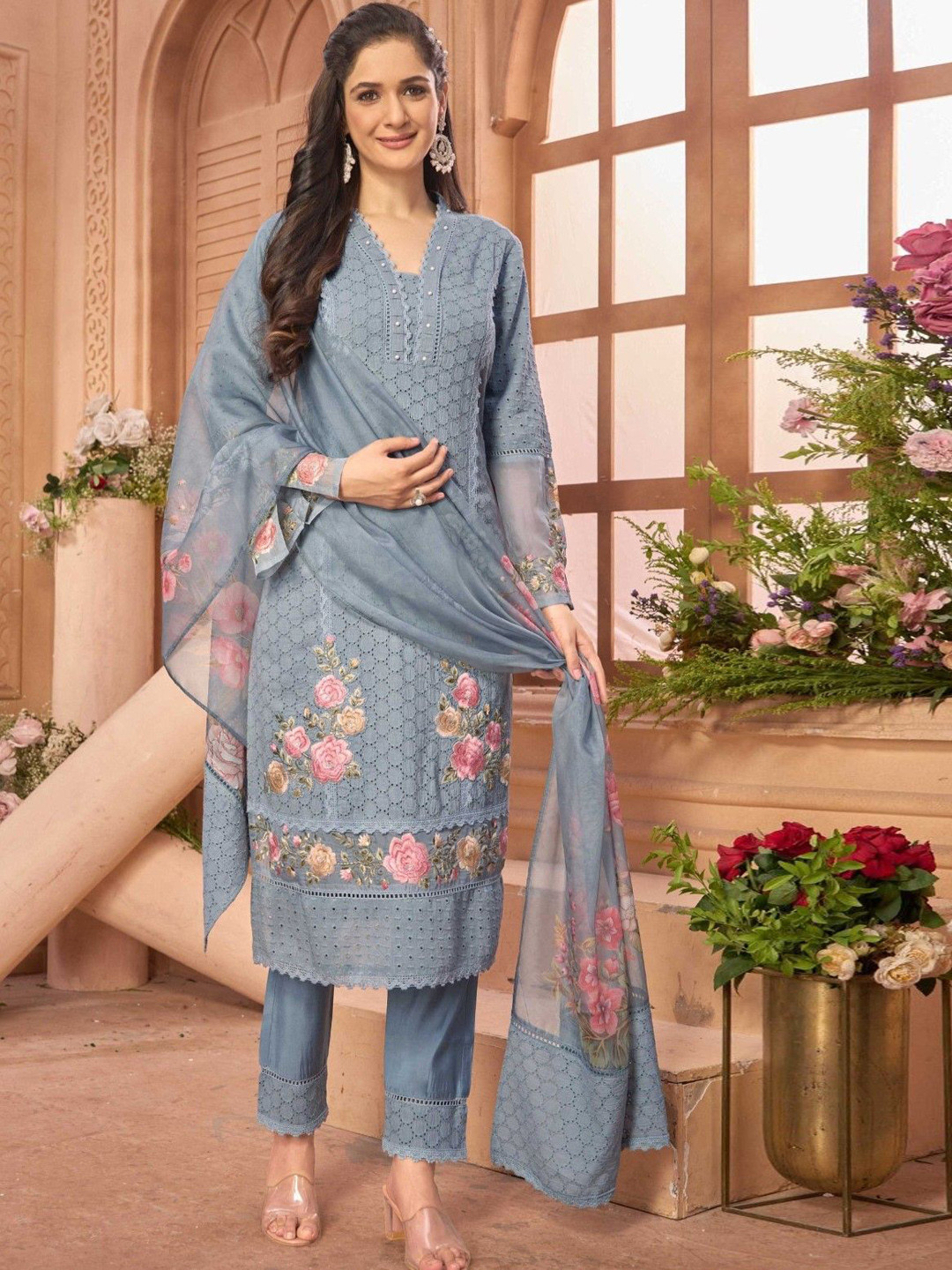 

AUTUMN LANE Ethnic Motifs Embroidered Pure Cotton Straight Kurta with Trousers & Dupatta, Blue