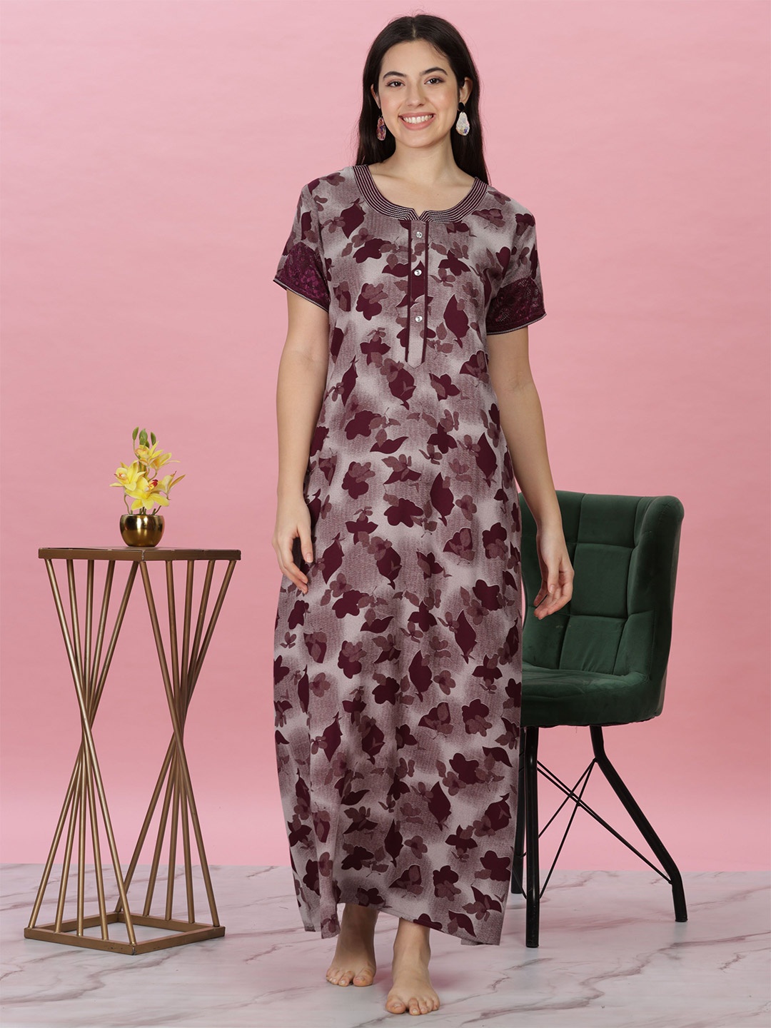 

9shines Label Abstract Printed Maxi Nightdrees, Burgundy