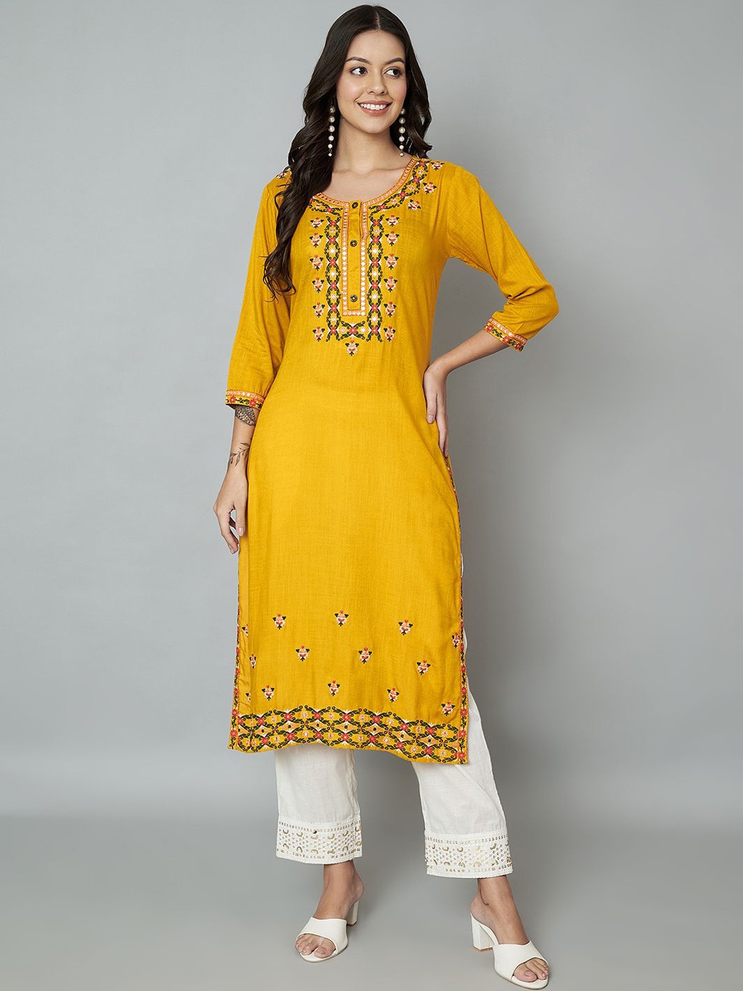 

RANGMAYEE Ethnic Motifs Embroidered Regular Thread Work Liva Straight Kurta with Palazzos, Mustard