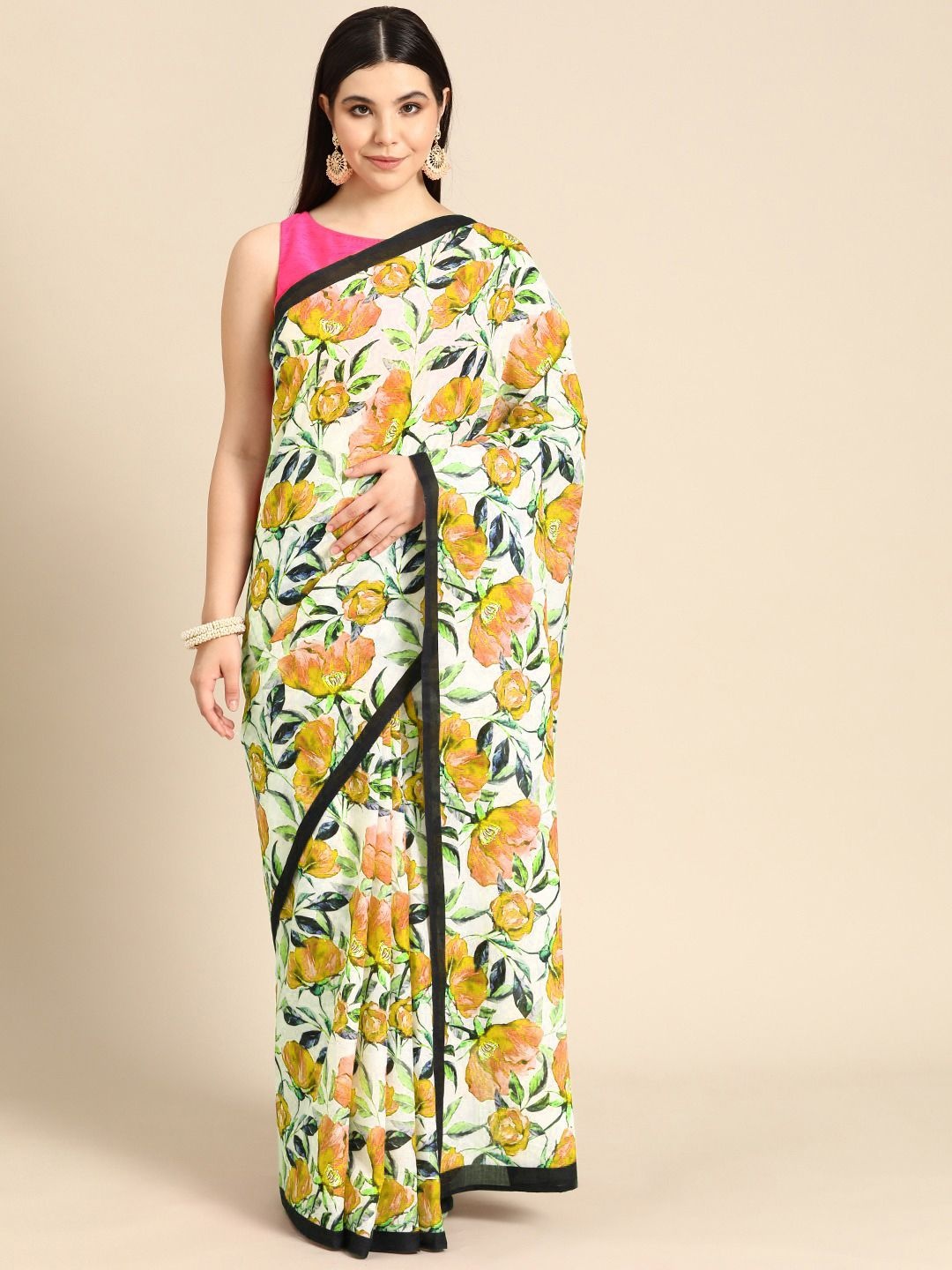 

BUTA BUTI Floral Printed Pure Cotton Saree, Mustard