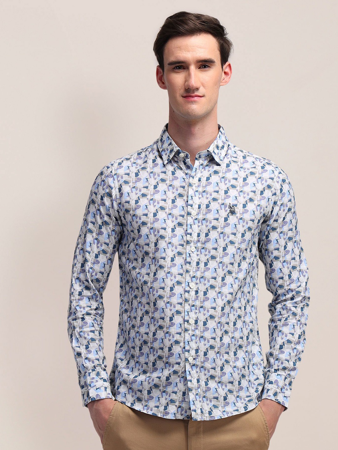 

U.S. Polo Assn. Men Classic Spread Collar Abstract Printed Cotton Casual Shirt, Blue