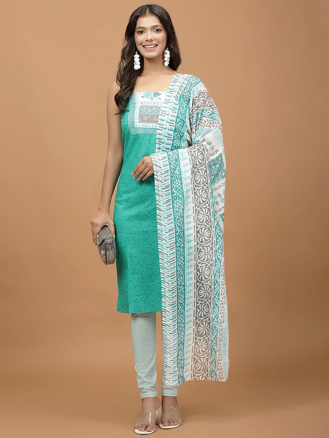 

Meena Bazaar Floral Printed Mirror Work Unstitched Dress Material, Sea green
