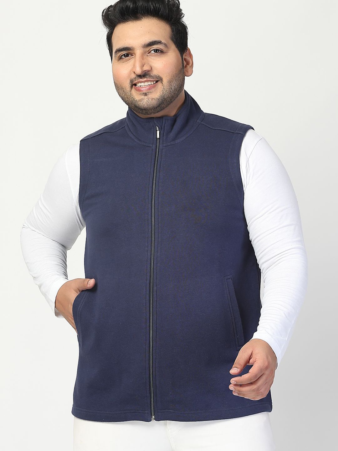 

plusS Men Fleece Open Front Jacket, Navy blue
