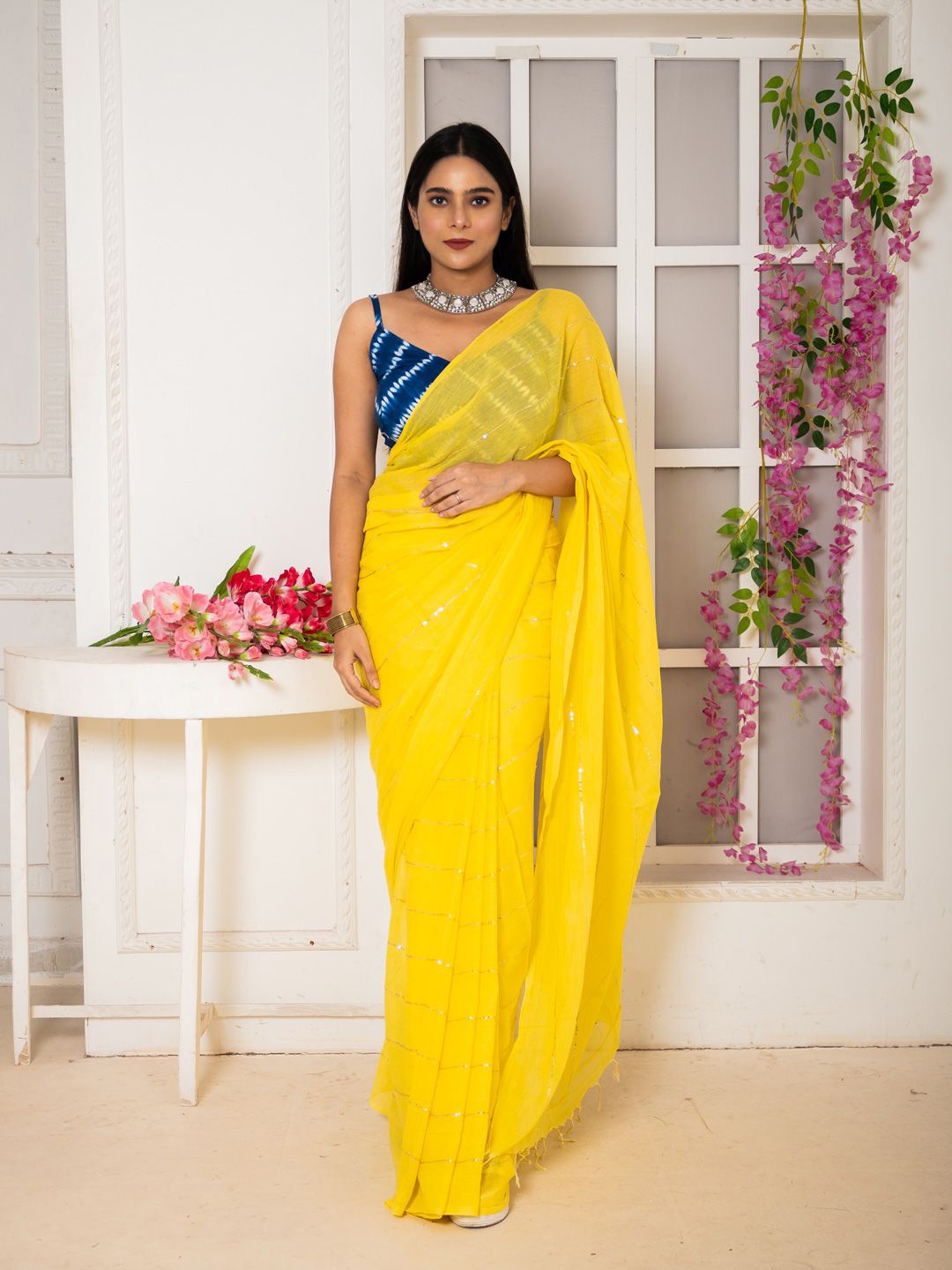

Uttariya Embellished Pure Cotton Saree, Yellow