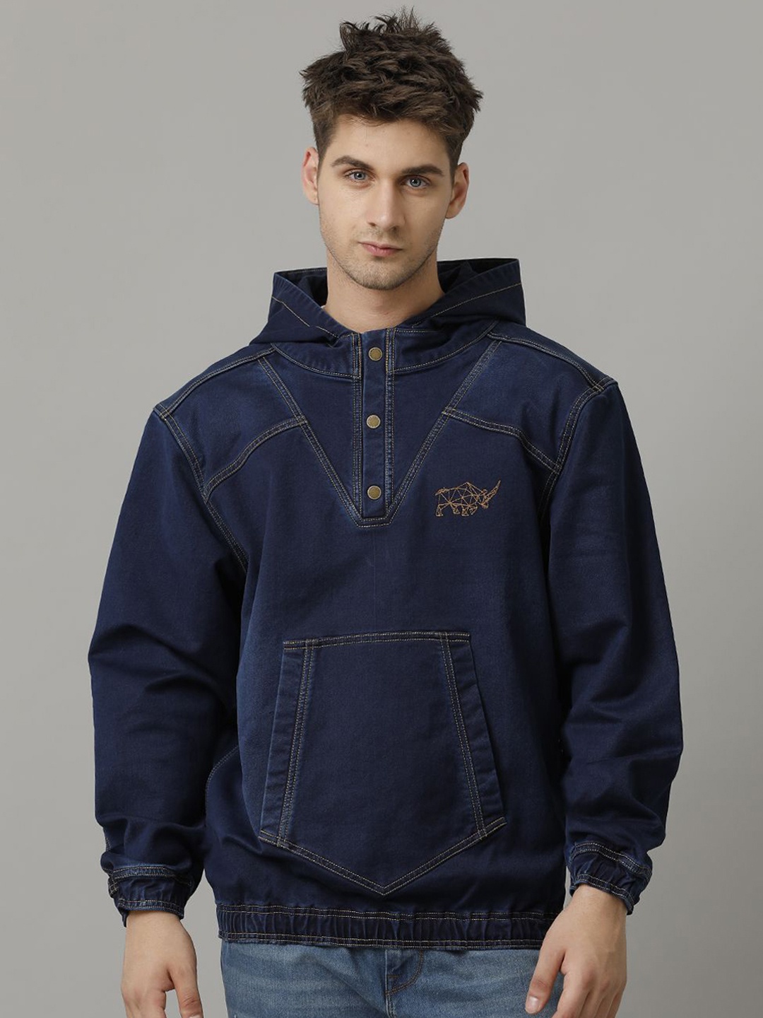 

TEMPLE OF DENIM Men Embroidered Hooded Denim Jacket, Navy blue