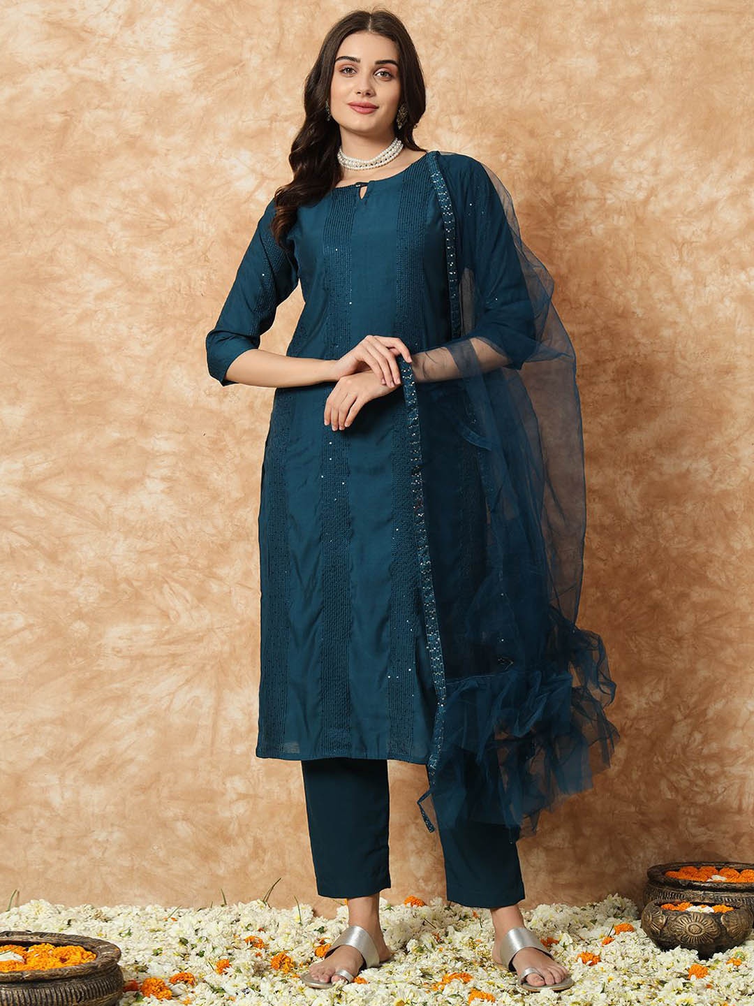 

KALINI Striped Embroidered Sequinned Georgette Kurta with Trousers & Dupatta, Teal