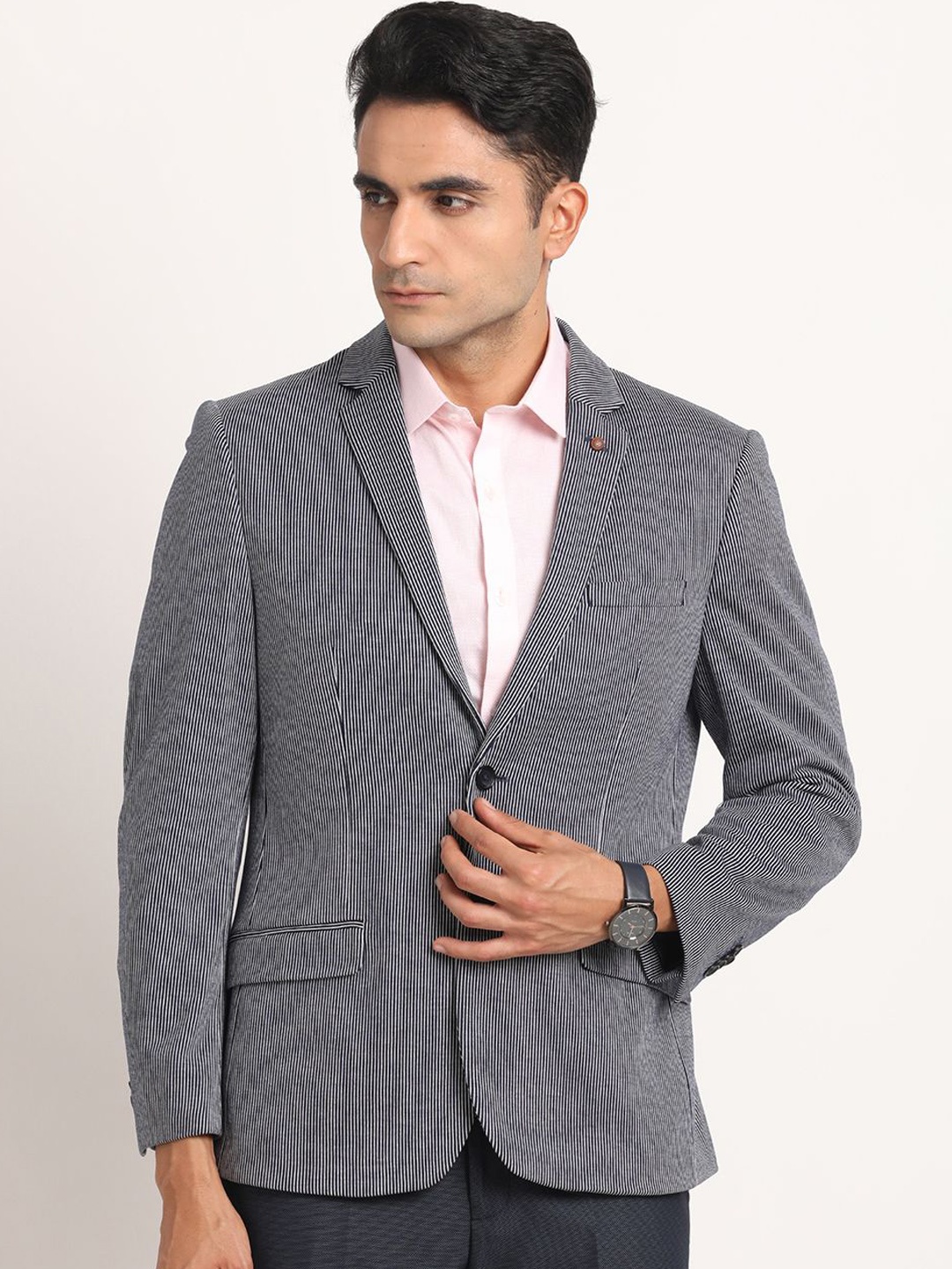 

Turtle Striped Single-Breasted Formal Blazer, Navy blue