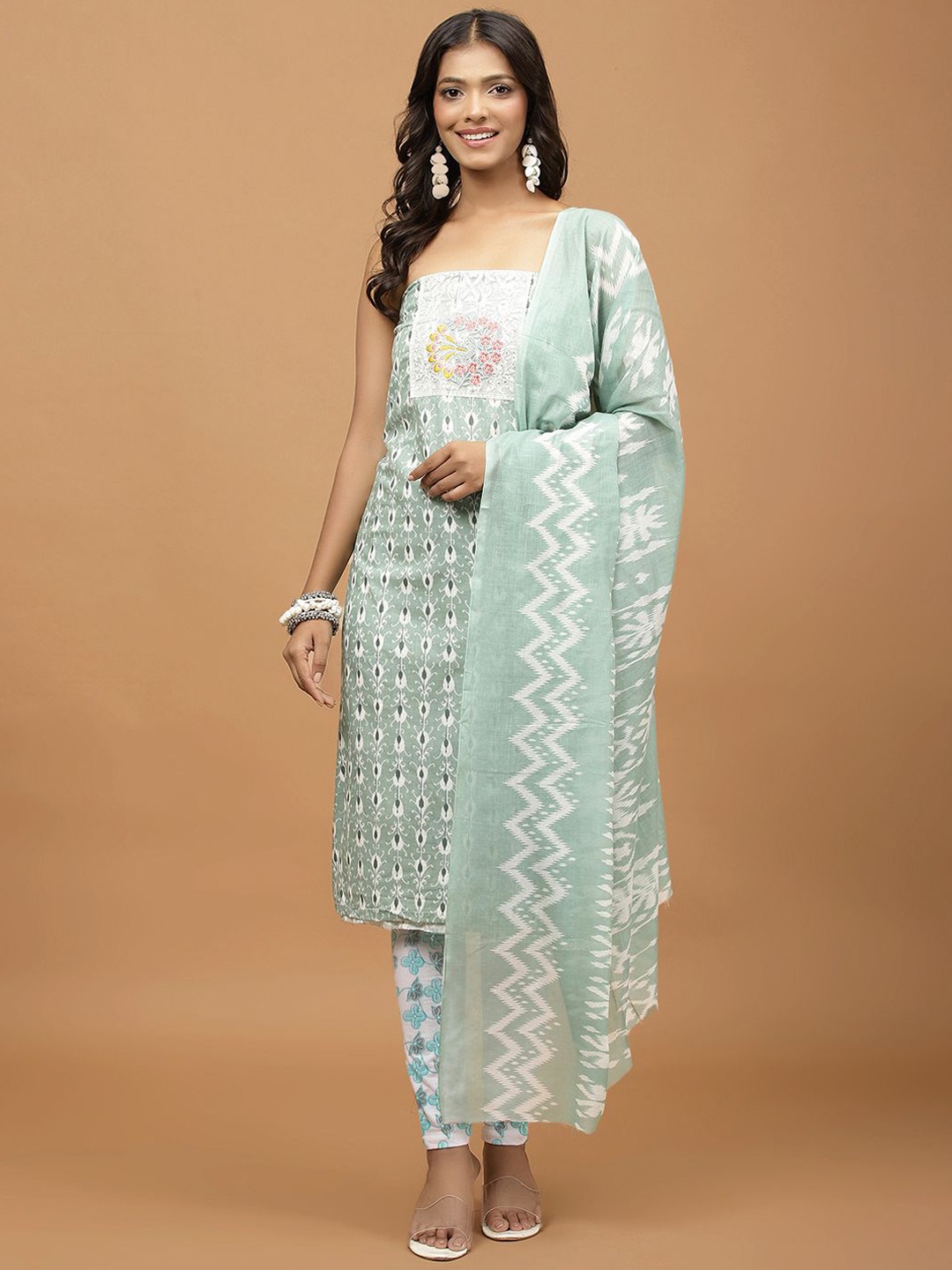 

Meena Bazaar Floral Printed Unstitched Dress Material, Sea green