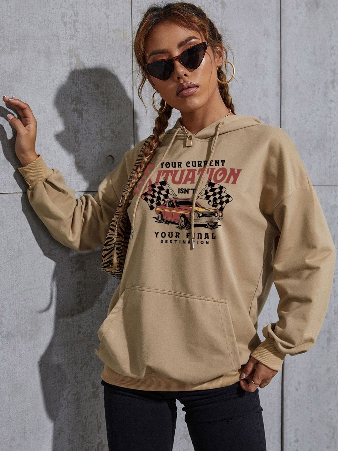 

KPOP Women Typography Printed Hood Pullover Sweatshirt, Khaki