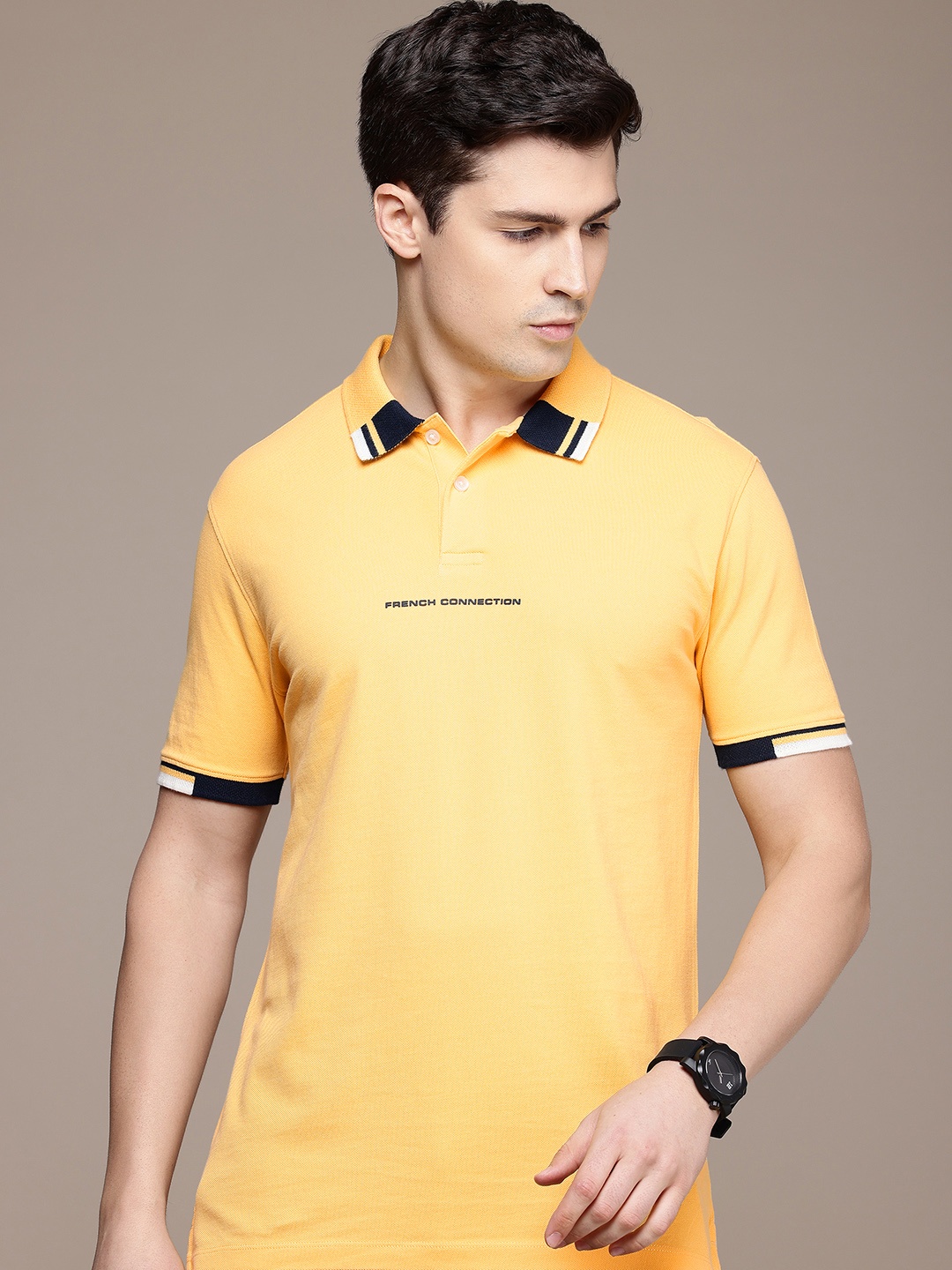 

French Connection Brand Logo Printed Polo Collar Pure Cotton T-shirt, Yellow