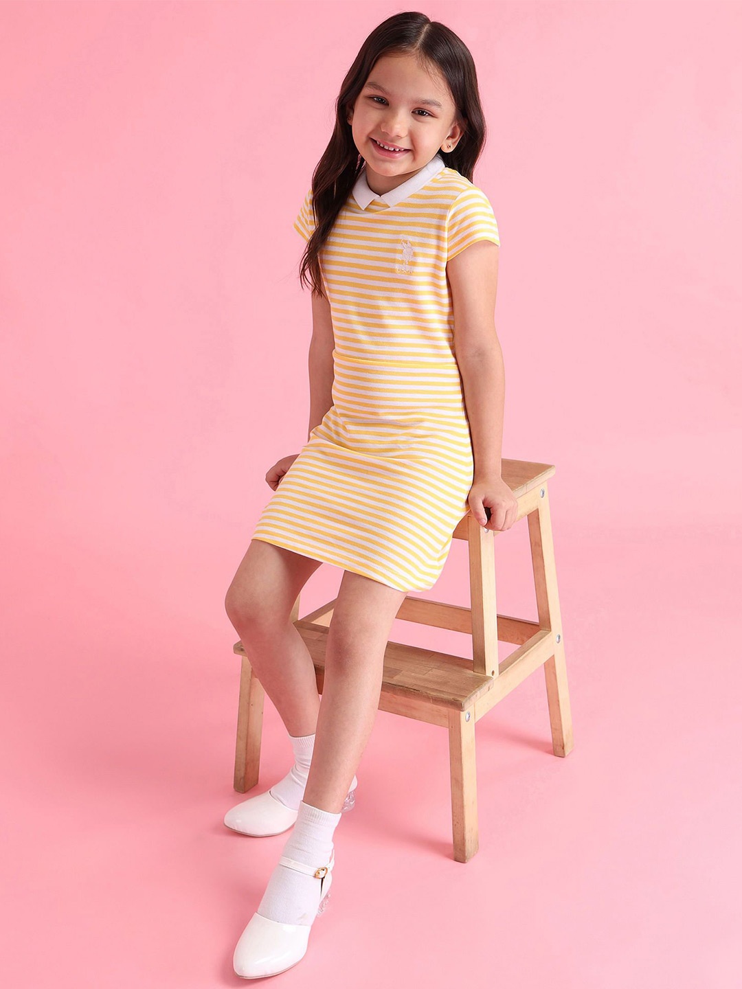 

U.S. Polo Assn. Kids Girls Striped Peter Pan Collar A-Line Cotton Dress, Yellow