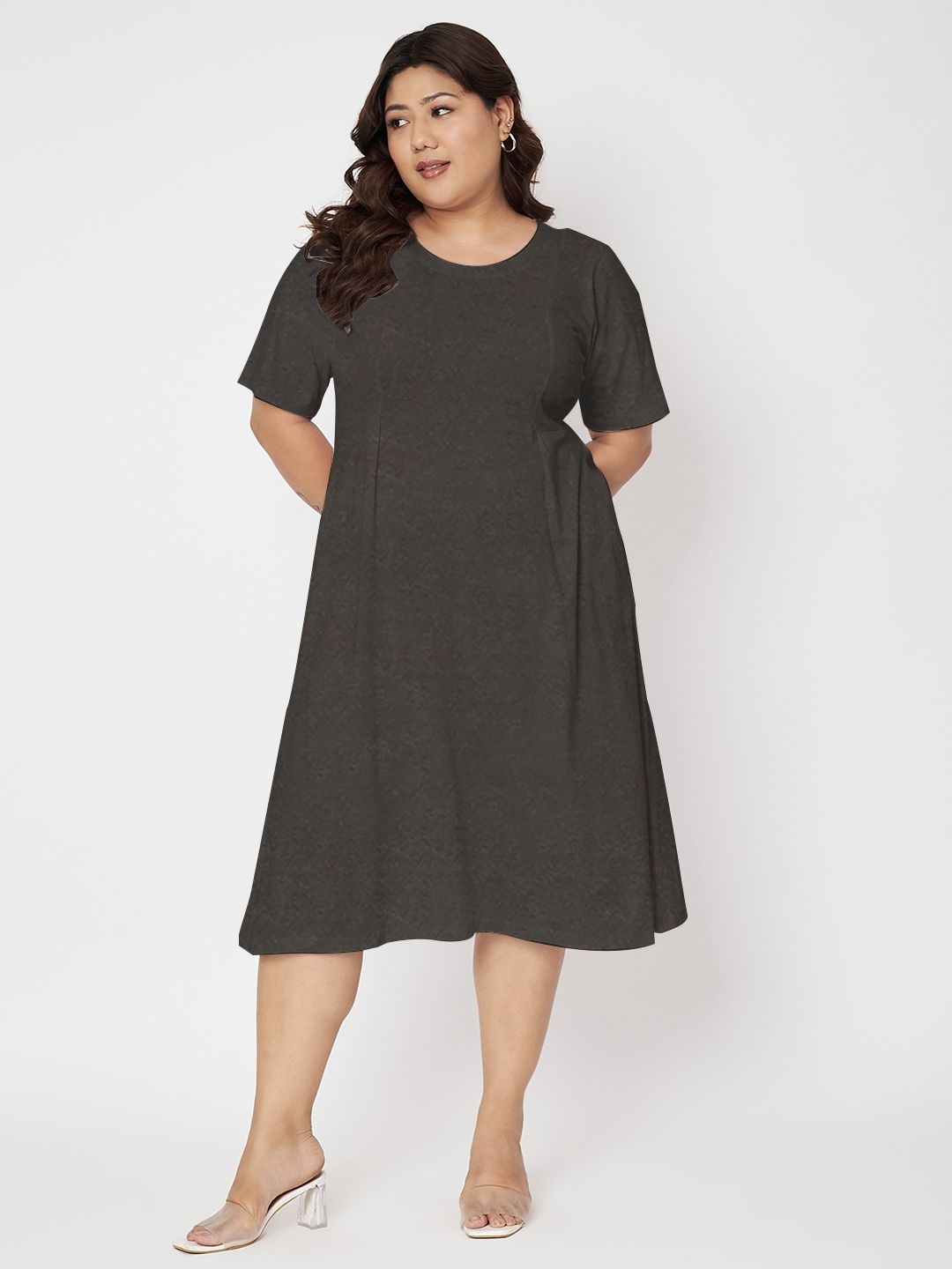 

BRINNS Women Plus Size Round Neck Cotton Fit & Flare Midi Dress, Charcoal