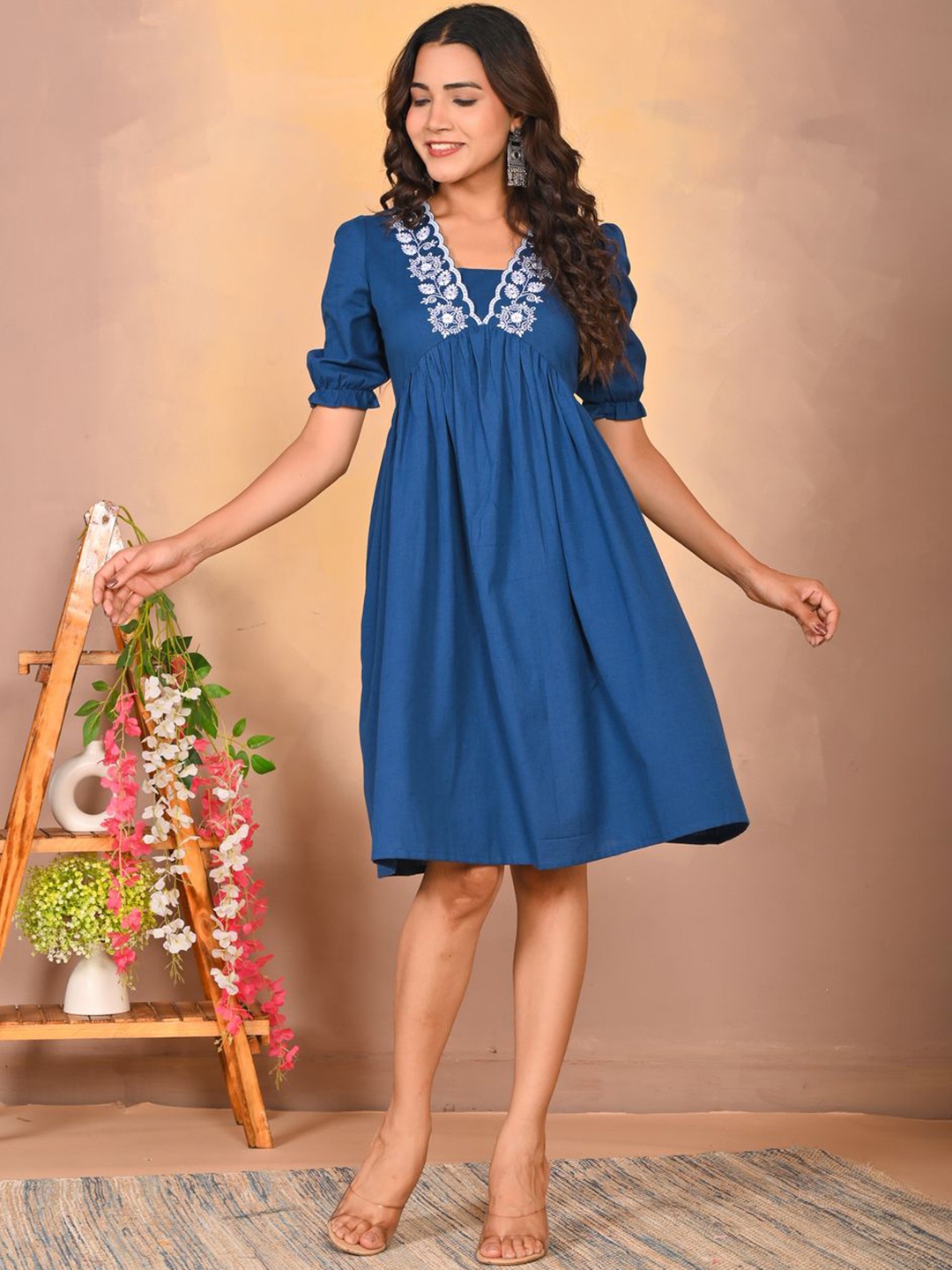 

Neemiya Women Solid Puff Sleeves Fit & Flare Ethnic Dresses, Blue