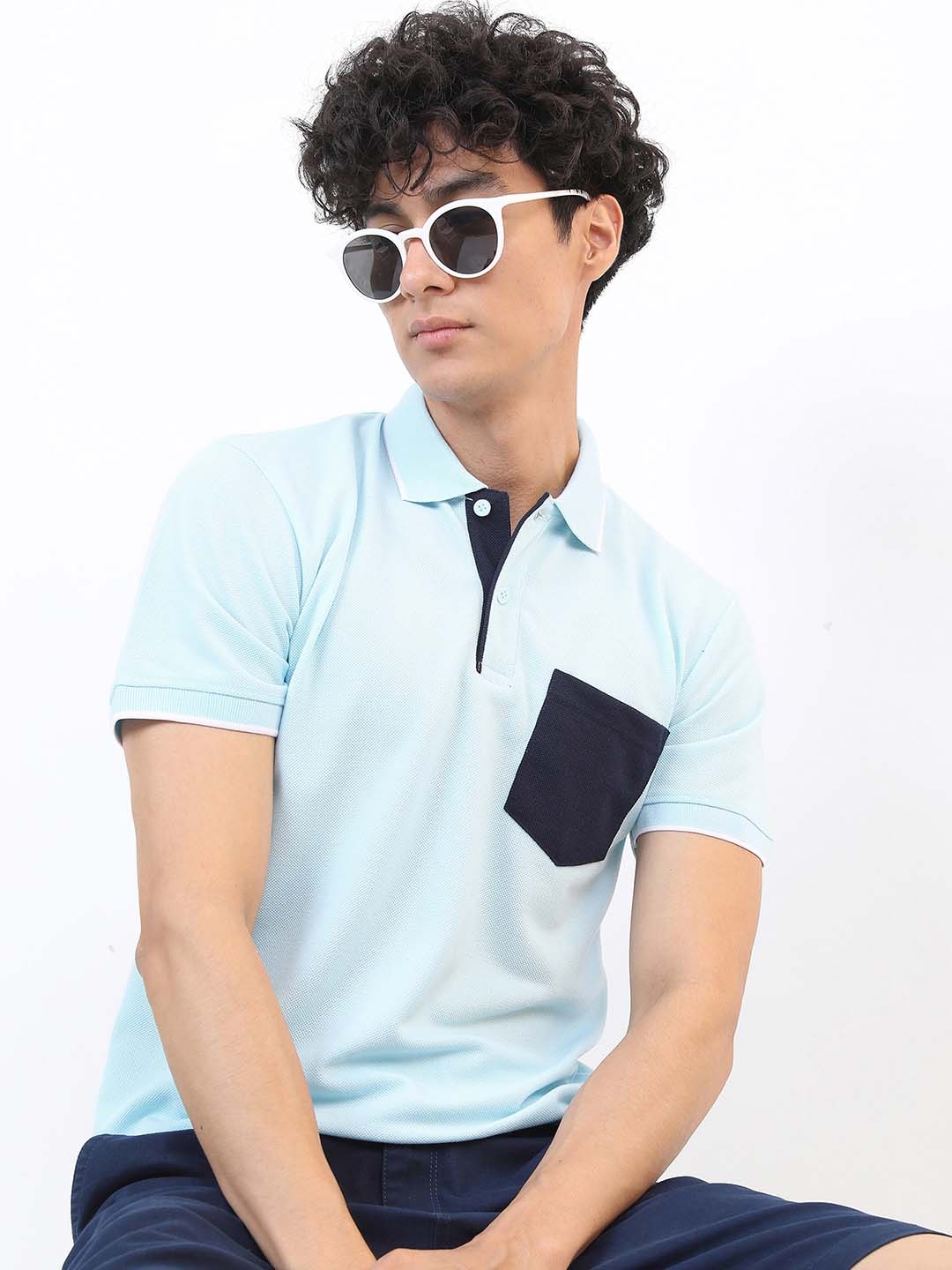 

HIGHLANDER Men Blue & Black Polo Collar Slim Fit T-shirt