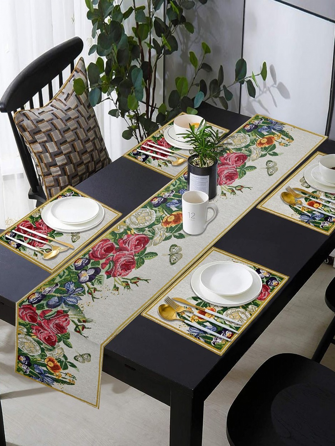 

PRAKARTIK 5Pcs Yellow & Green Printed Cotton Table Linen Set