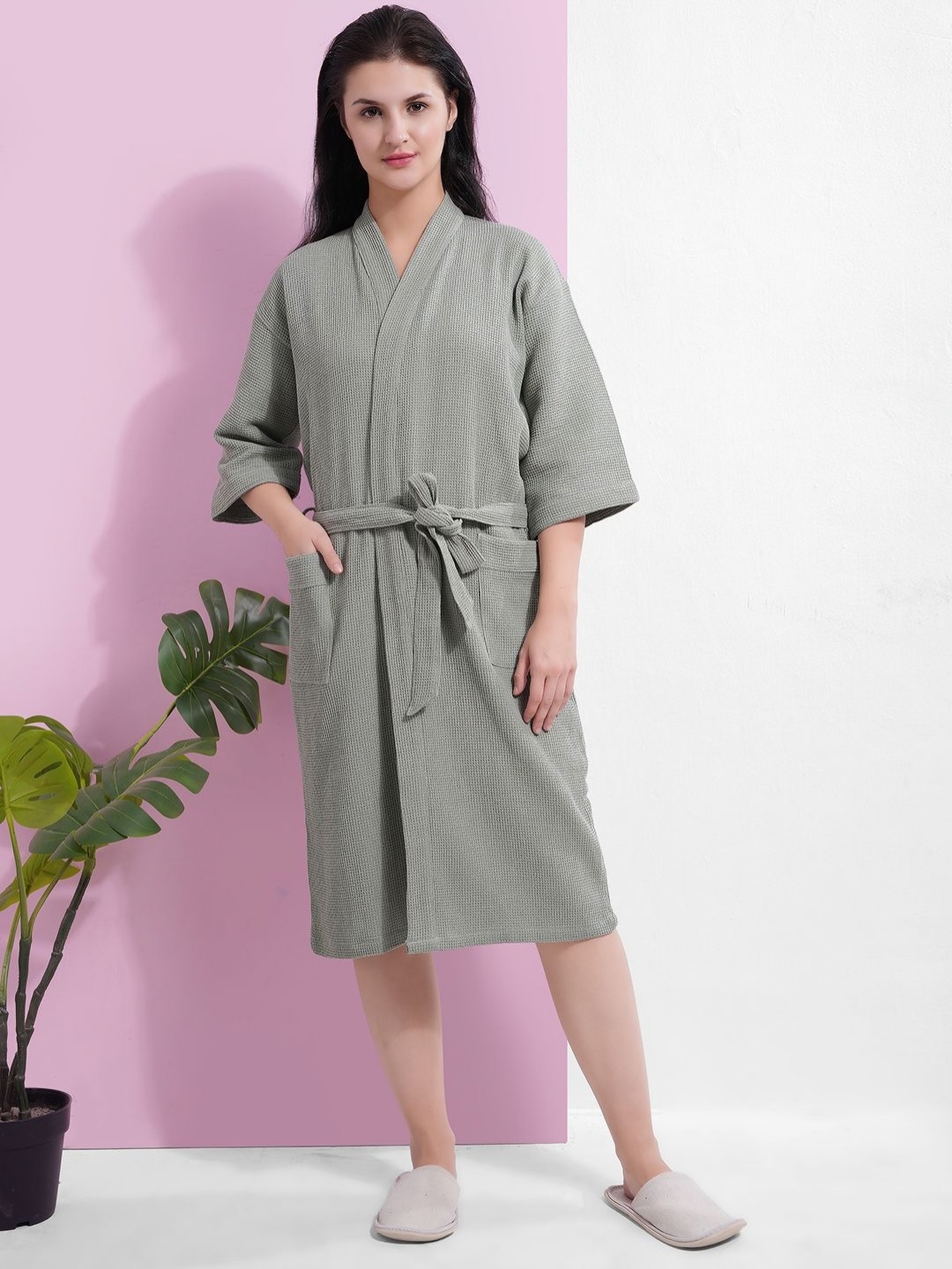 

HotGown Women Textured Cotton Bath Robe, Green