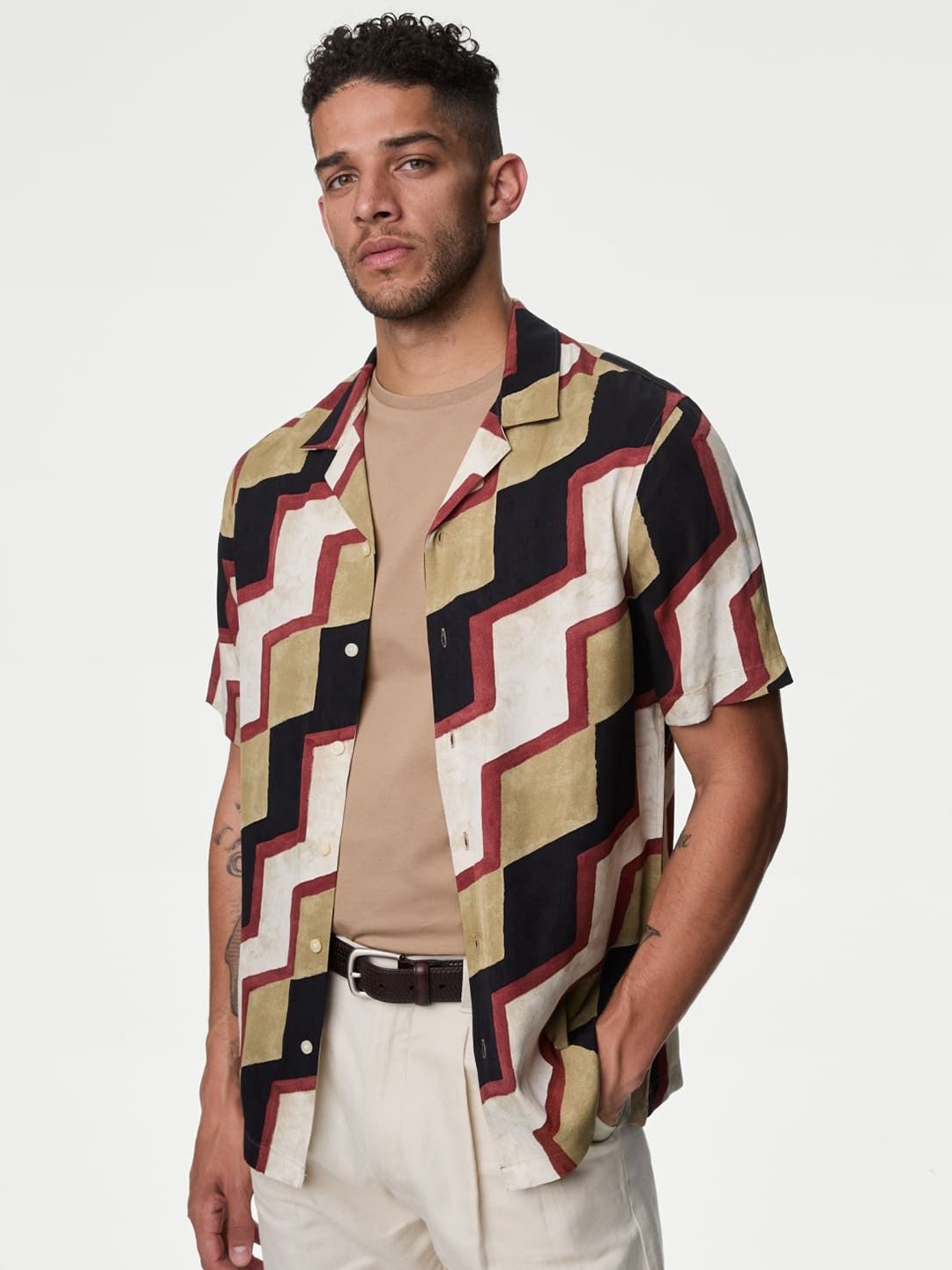 

Marks & Spencer Men Cuban Collar Abstract Printed Casual Shirt, Cream
