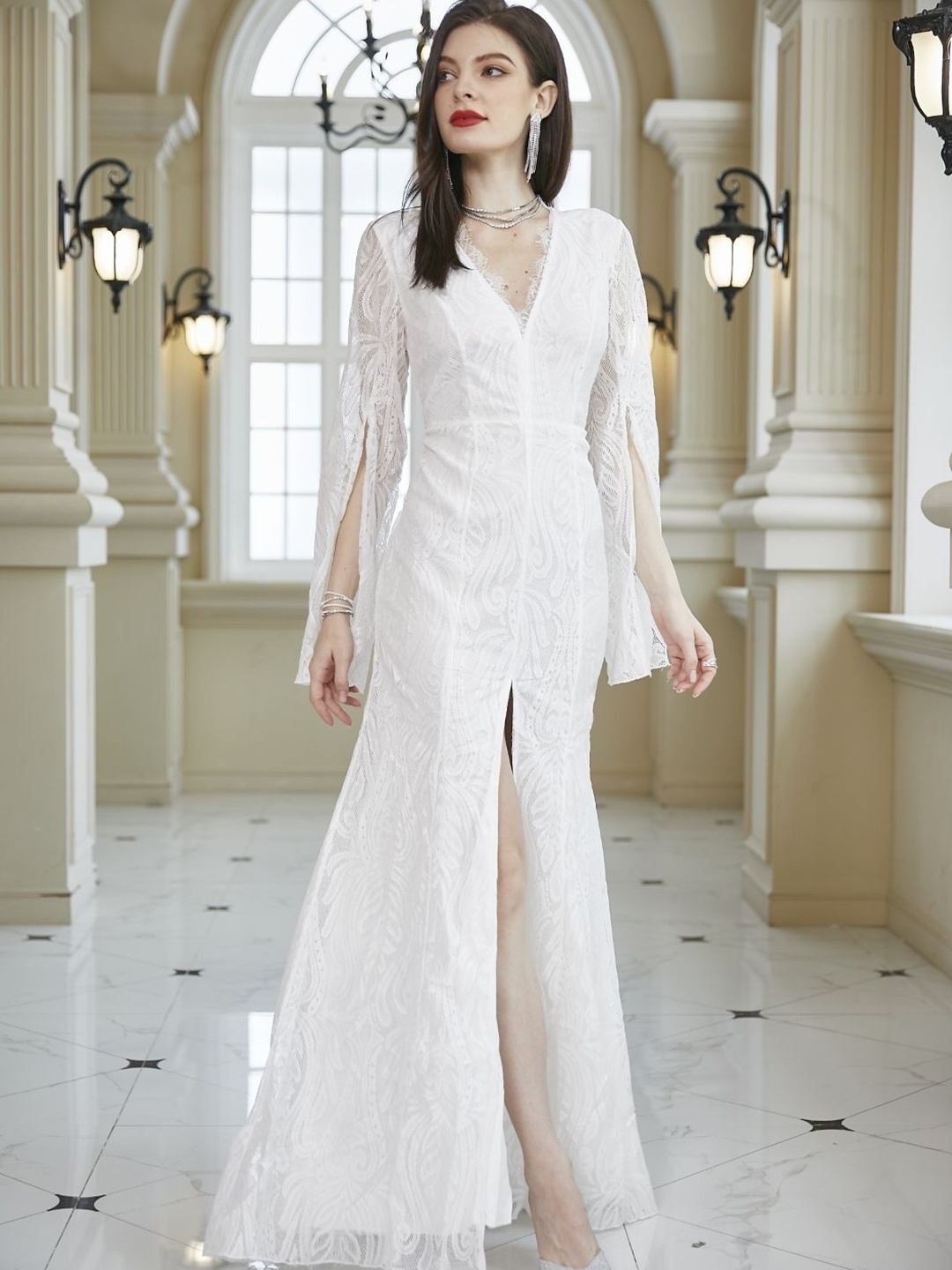 

KPOP Women Bodycon V-Neck Maxi Dress, White
