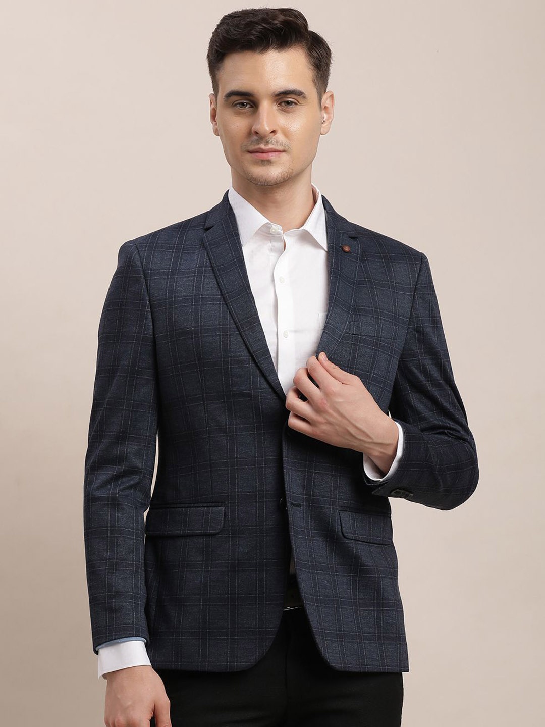 

Turtle Checked Single-Breasted Formal Blazer, Navy blue