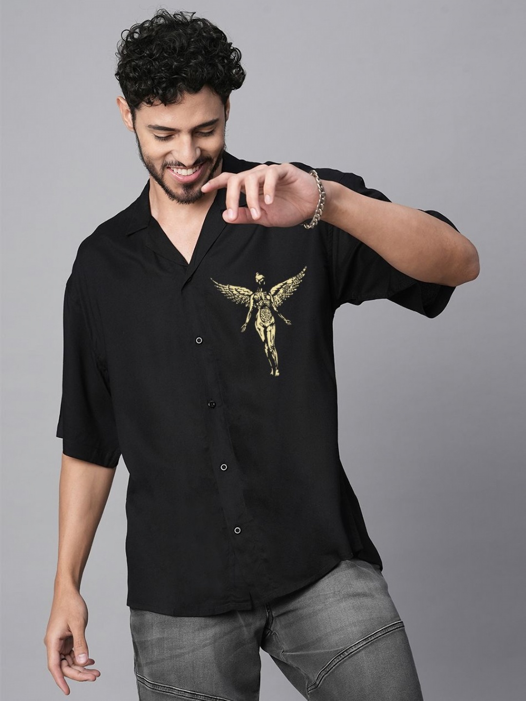 

PRONK Printed Relaxed Oversized Cotton Casual Shirt, Black