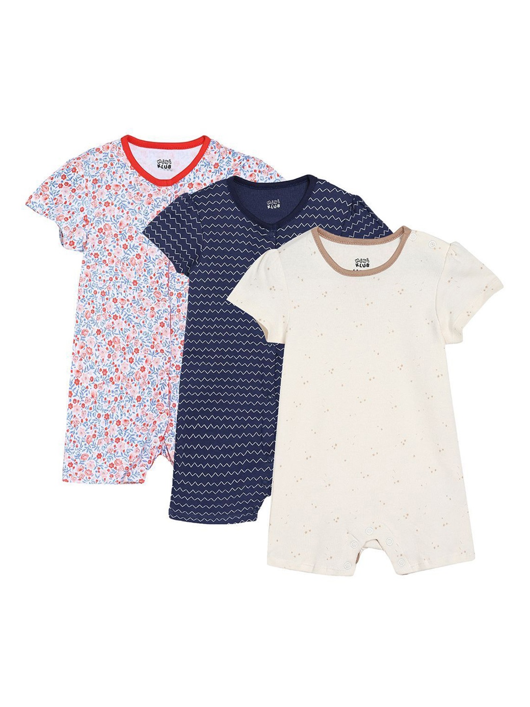 

MINI KLUB Infant Girls Pack Of 3 Printed Rompers, Navy blue