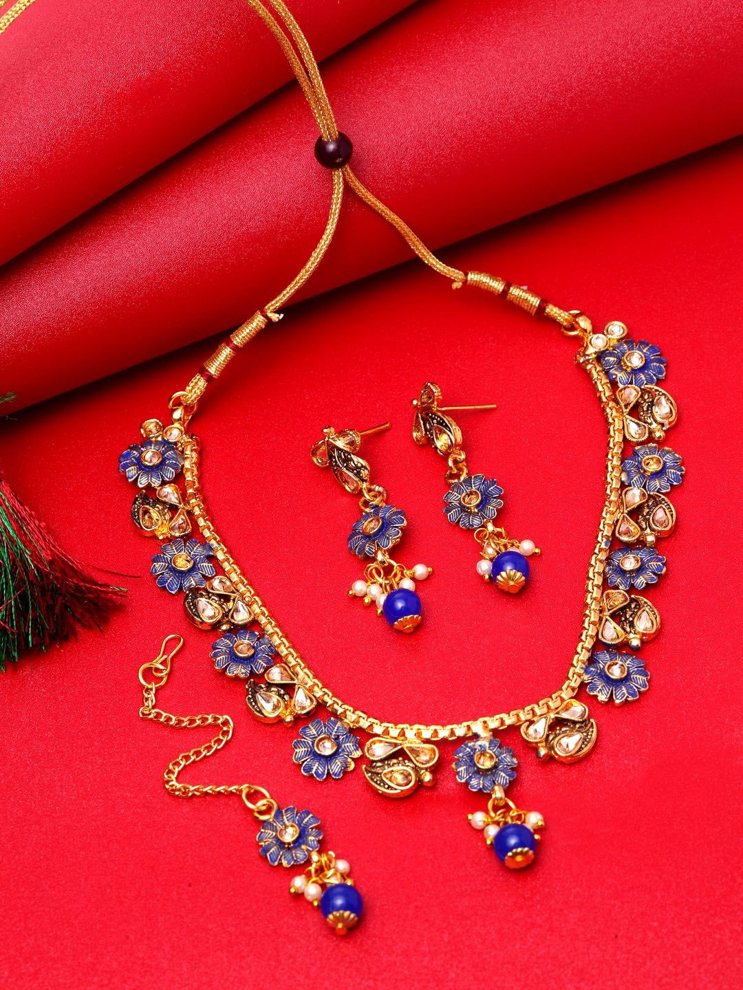 

ANIKAS CREATION Gold-Plated Kundan-Studded & Beaded Enamelled Jewellery Set