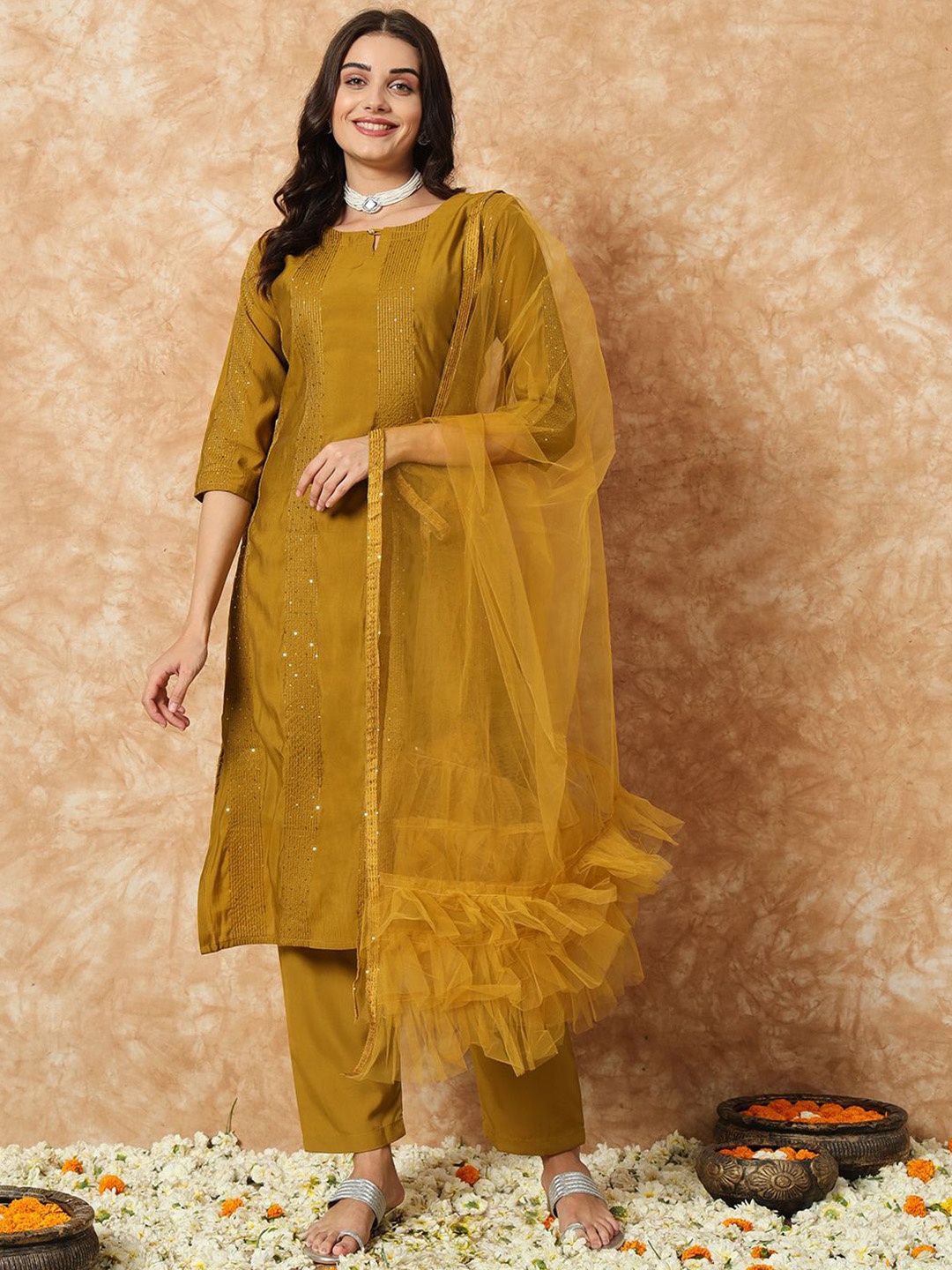 

KALINI Embroidered Sequinned Kurta with Trousers & Dupatta, Yellow