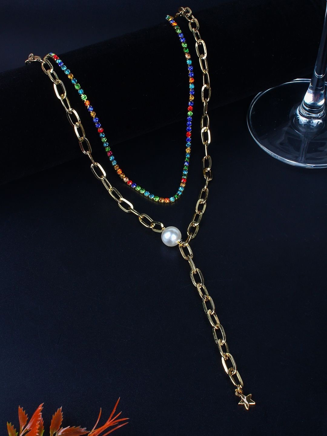 

KPOP Gold-Plated Stones Studded & Beaded Layered Necklace
