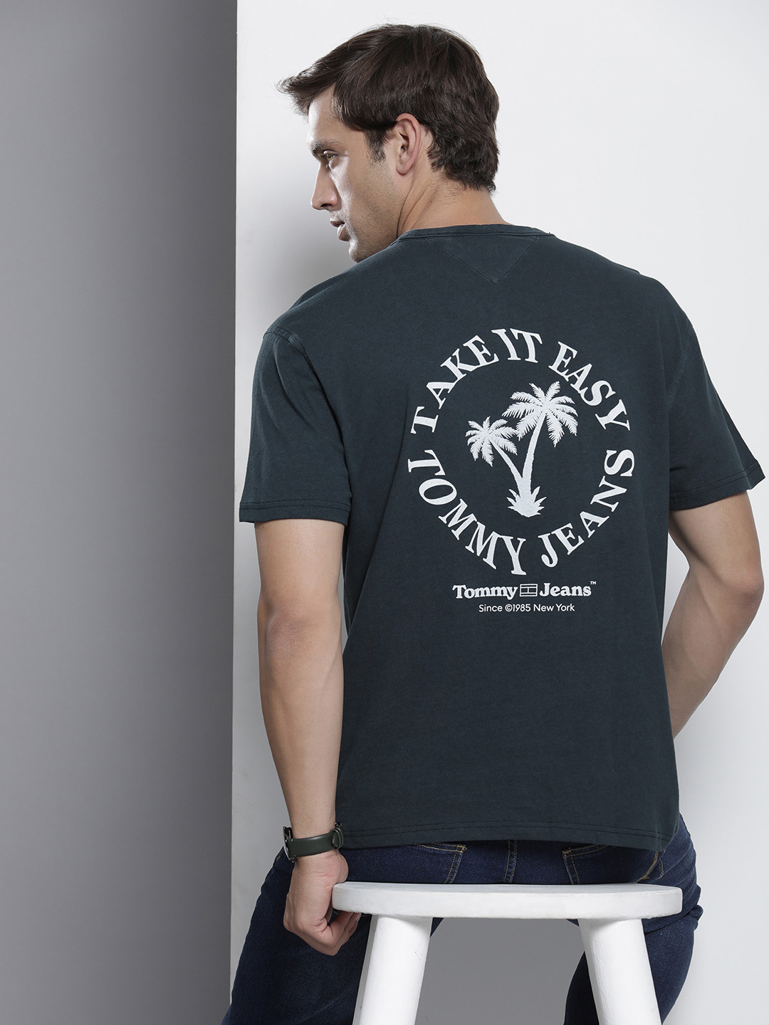 

Tommy Hilfiger Pure Cotton Typography Printed Drop-Shoulder Sleeves T-shirt, Blue
