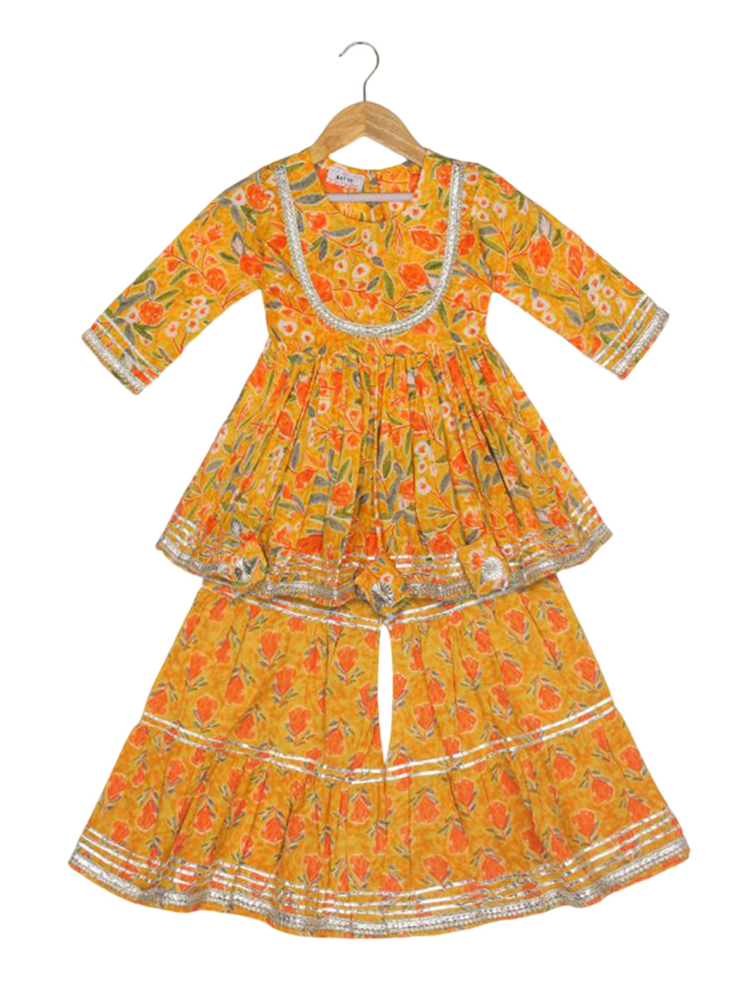 

AATYA KIIDS Girls Printed Empire Gotta Patti Pure Cotton Anarkali Kurta with Sharara, Yellow