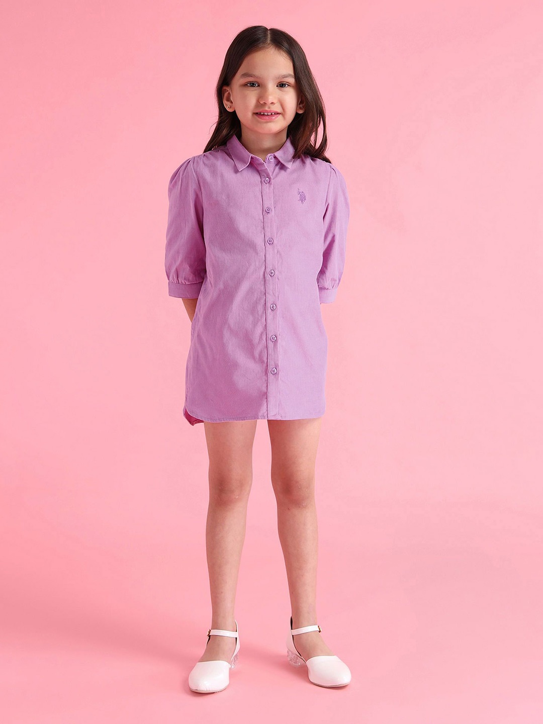 

U.S. Polo Assn. Kids Girls Puff Sleeve Shirt Mini Dress, Purple