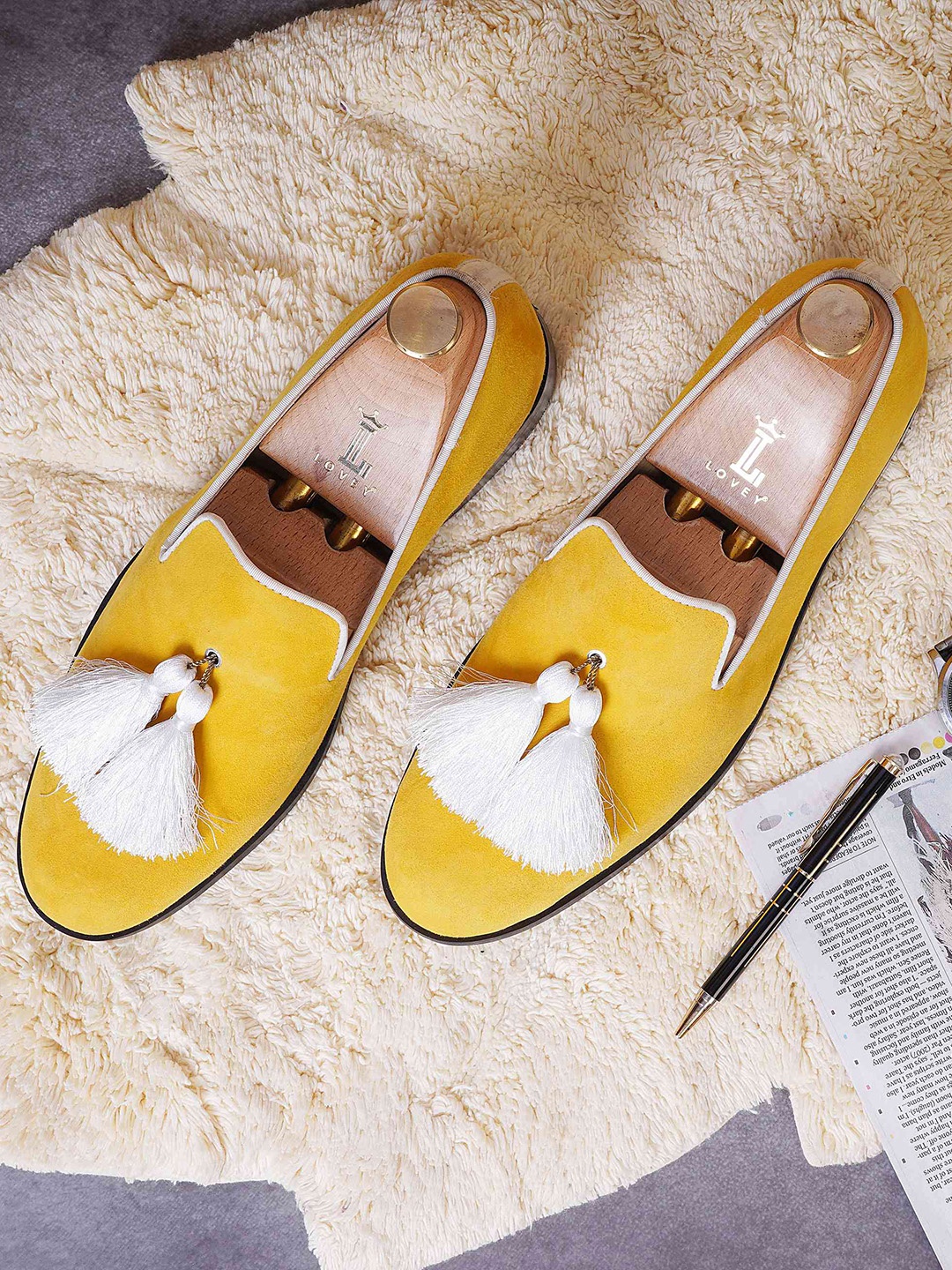 

LOVEY Men Leather Loafers, Yellow