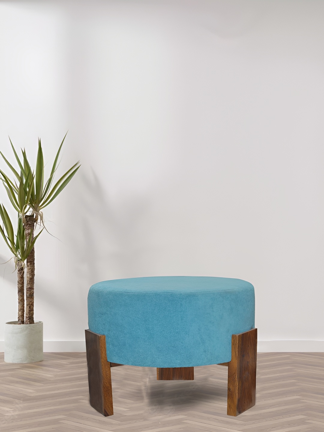 

GLOBALLY INDIAN Blue & Brown Wooden Round Puff Ottoman