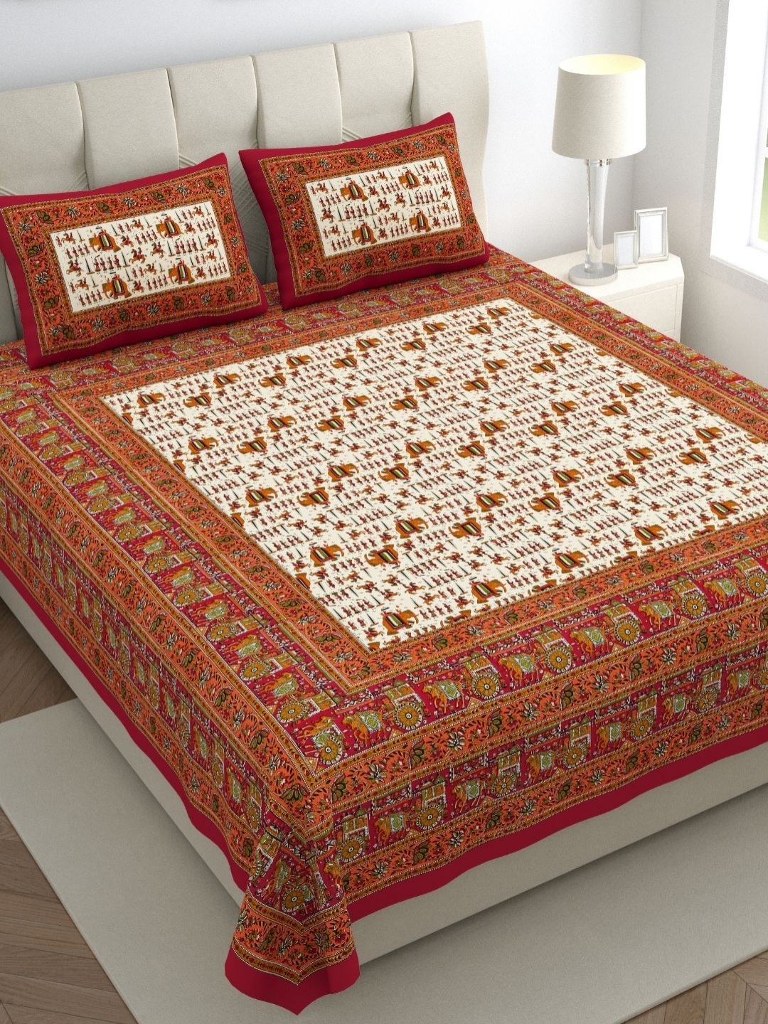 

The Craft Monk Beige & Red Printed Cotton 300 TC Super King Bedsheet & 2 Pillow Covers