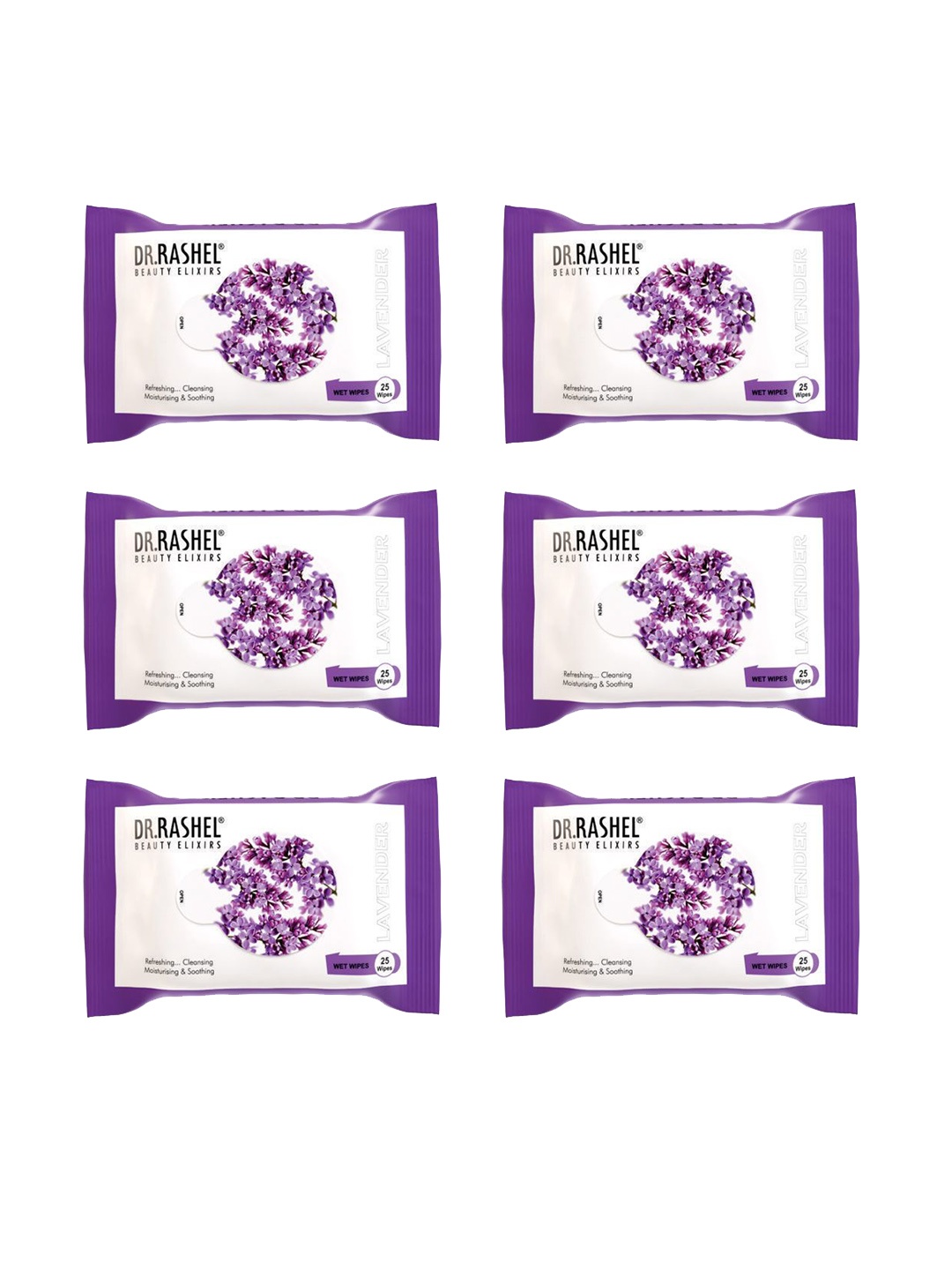 

DR.RASHEL Set Of 6 Lavender Wet Wipes - 25 Wipes Each, Purple