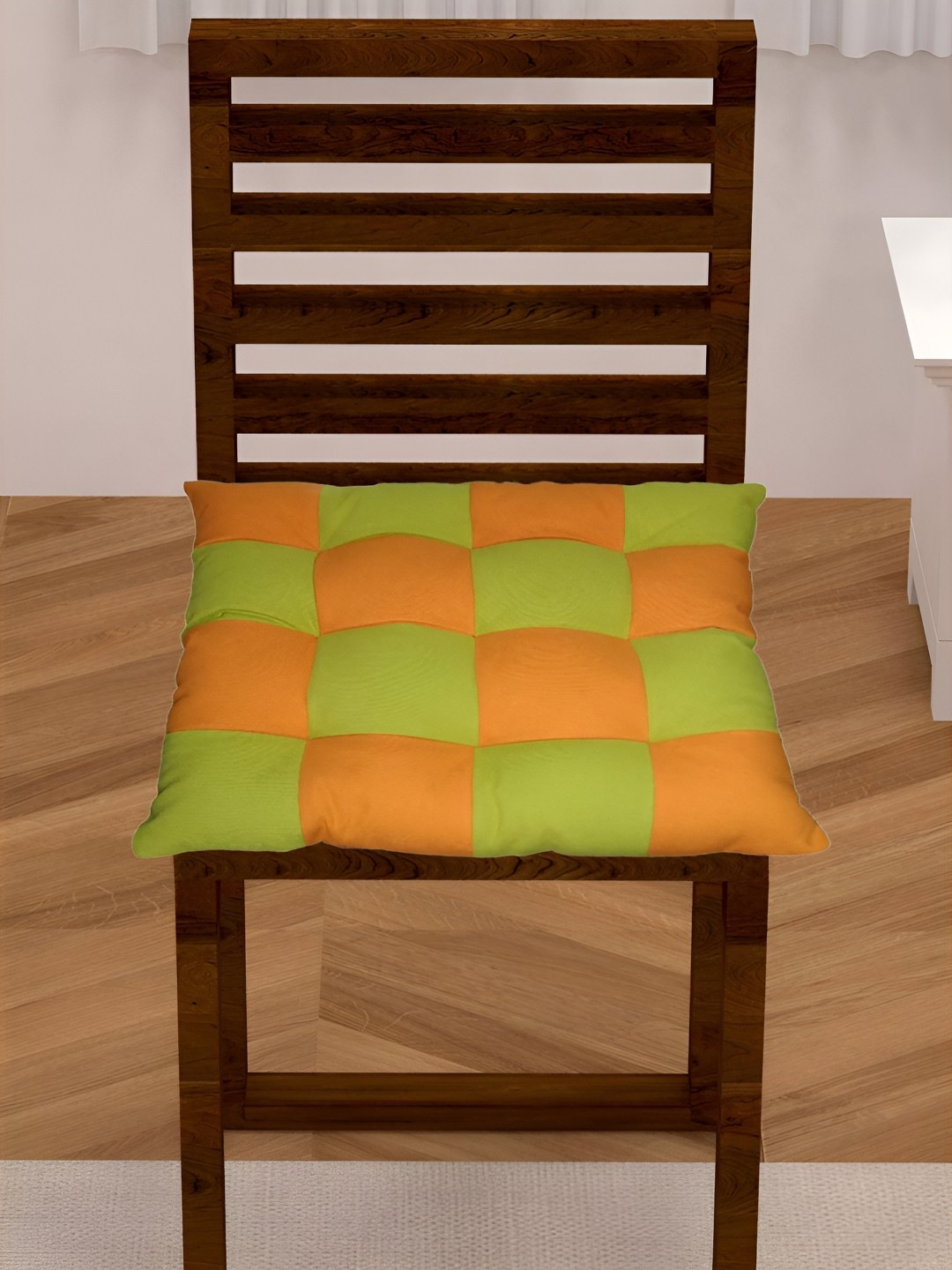 

Lushomes Orange-Colored & Green Checked Cotton Square Chair Pads