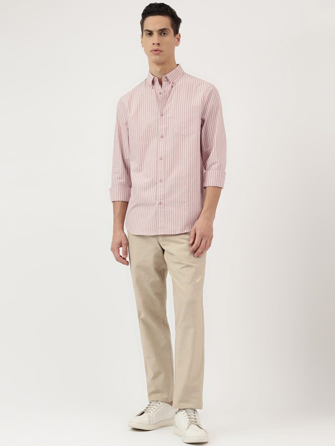 

Marks & Spencer Men Button-Down Collar Vertical Striped Cotton Casual Shirt, Pink