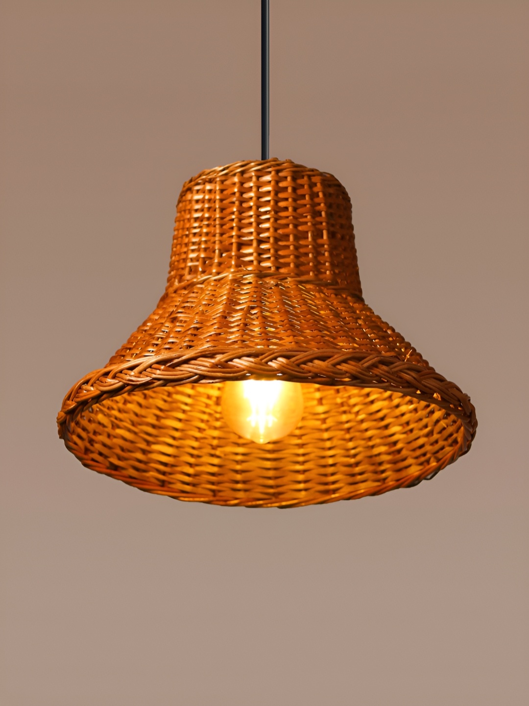 

HABERE INDIA Brown & Black Textured Rattan Contemporary Bell Shaped Ceiling Lamp