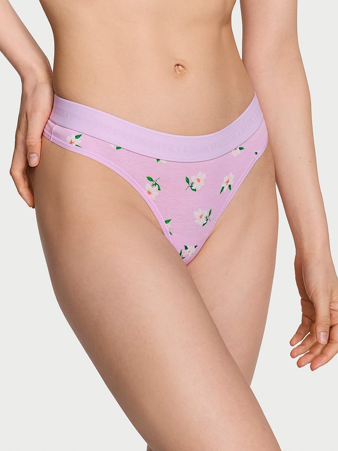 

Victoria's Secret Logo Cotton Printed Low-Rise Thong Briefs, Pink
