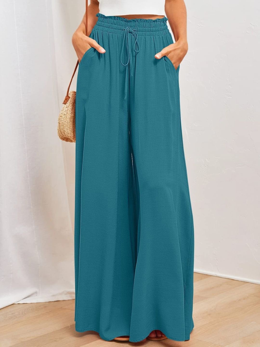 

KPOP Women Solid Wide Leg Elasticated Slip-On Palazzos, Navy blue
