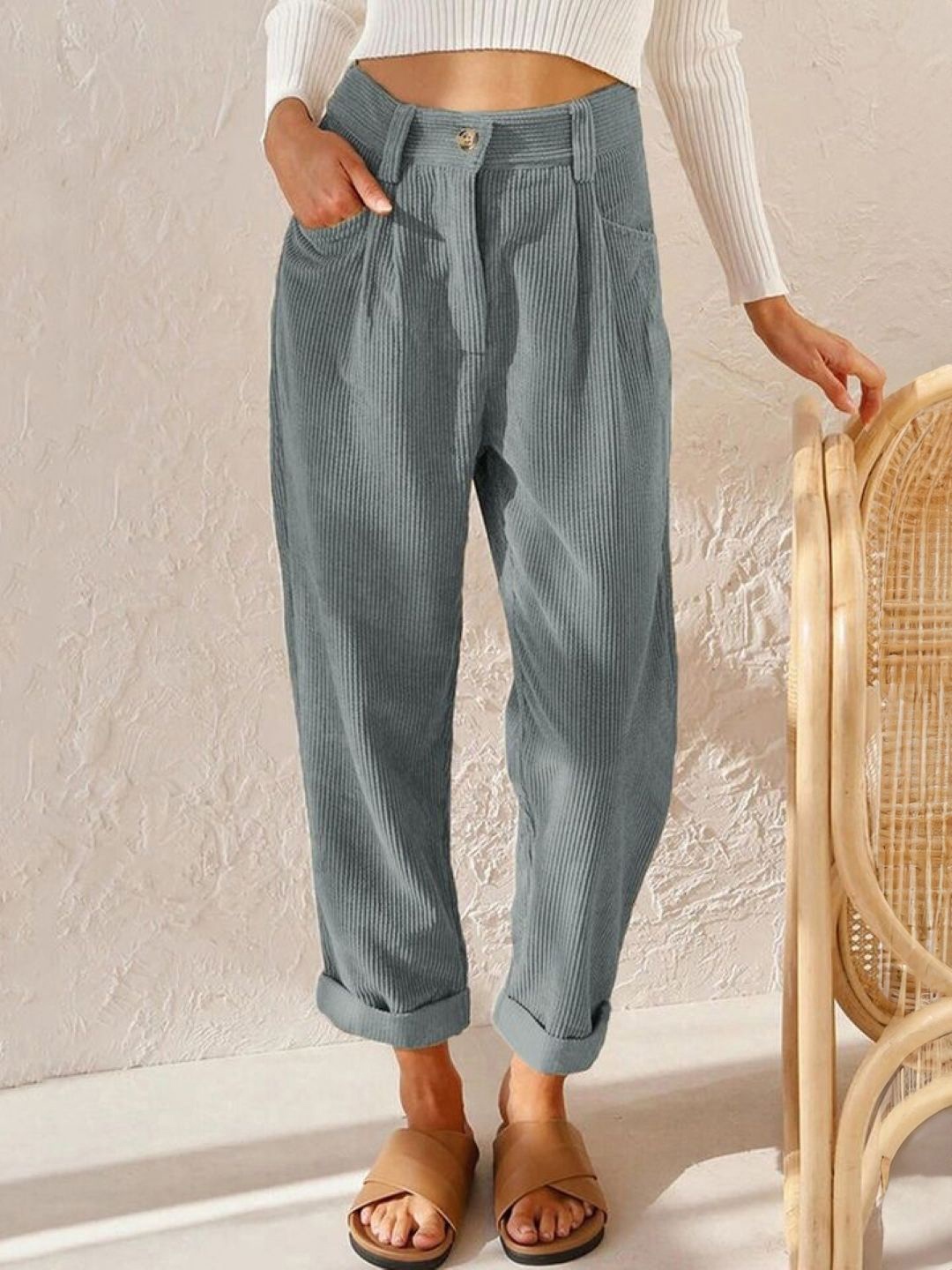 

KPOP Women Original Grey Solid Polyester Trousers