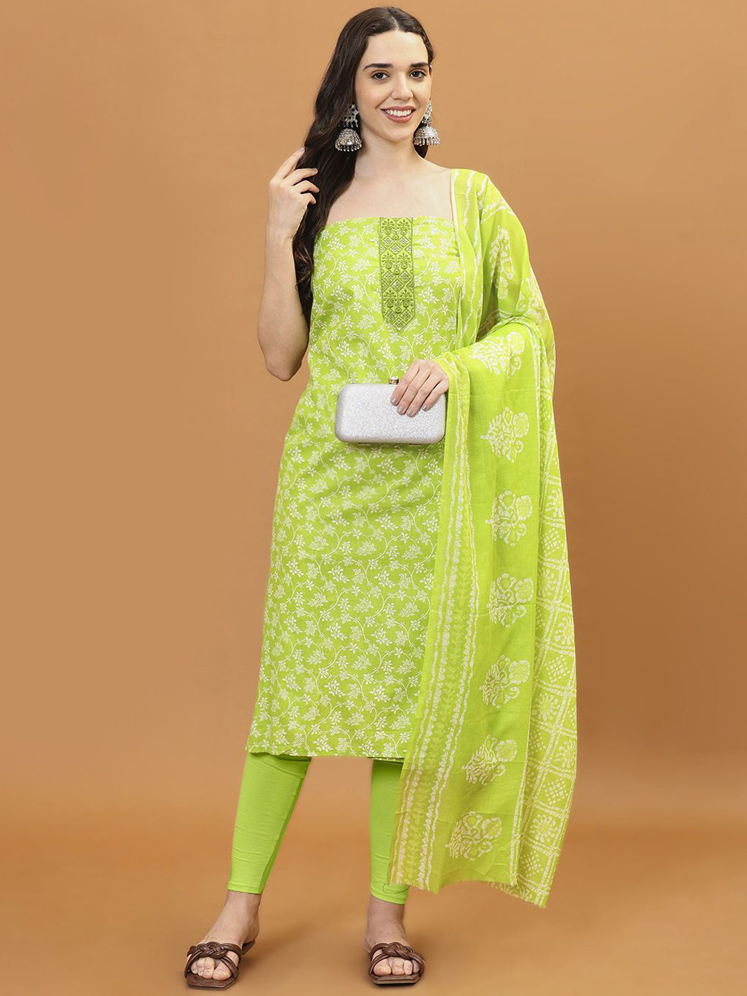 

Meena Bazaar Floral Printed Unstitched Dress Material, Green