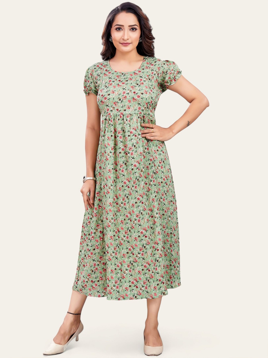 

RITIJYA Women Floral Print Maternity Fit & Flare Maxi Dress, Green