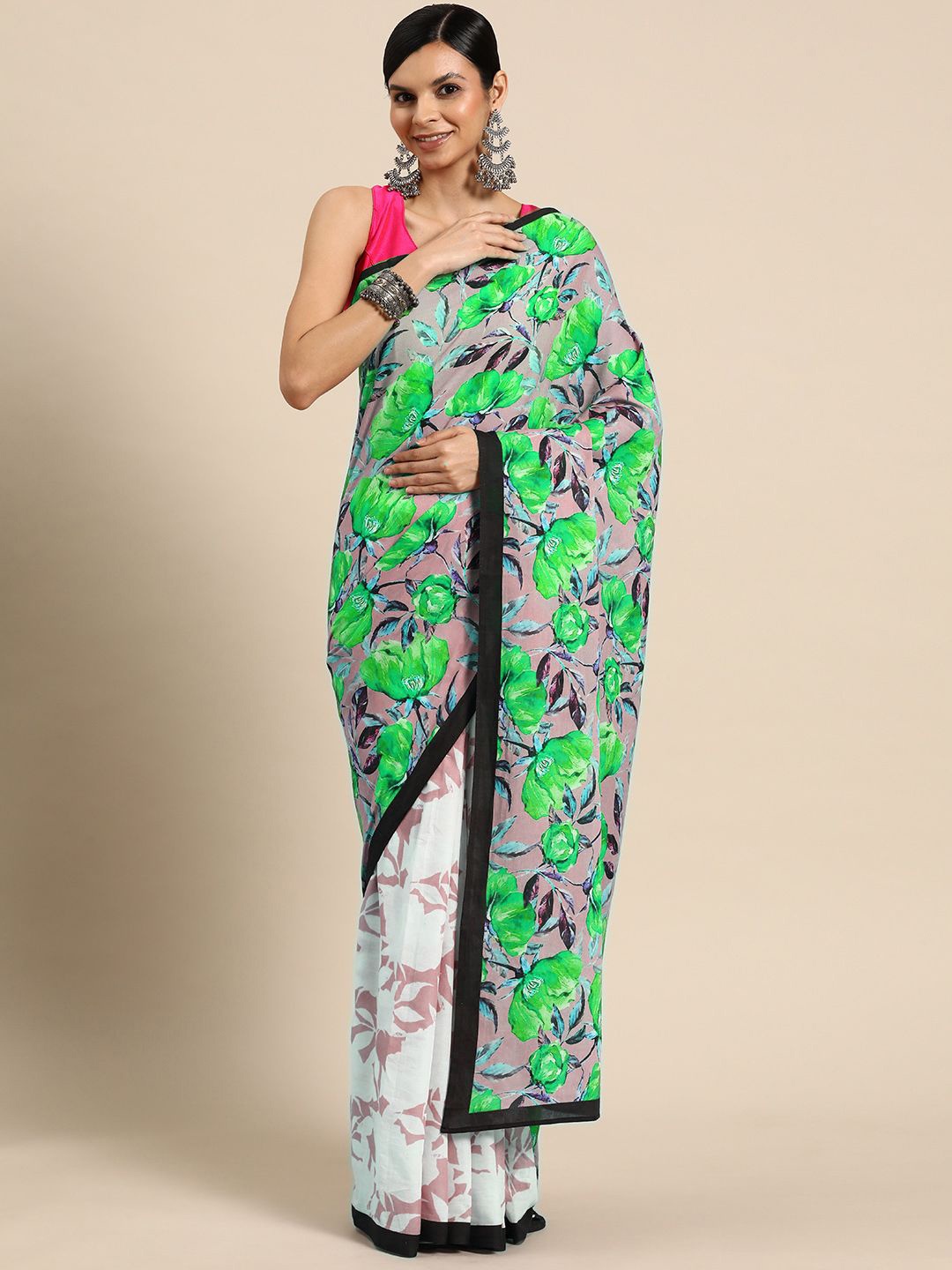 

BUTA BUTI Floral Pure Cotton Saree, Green