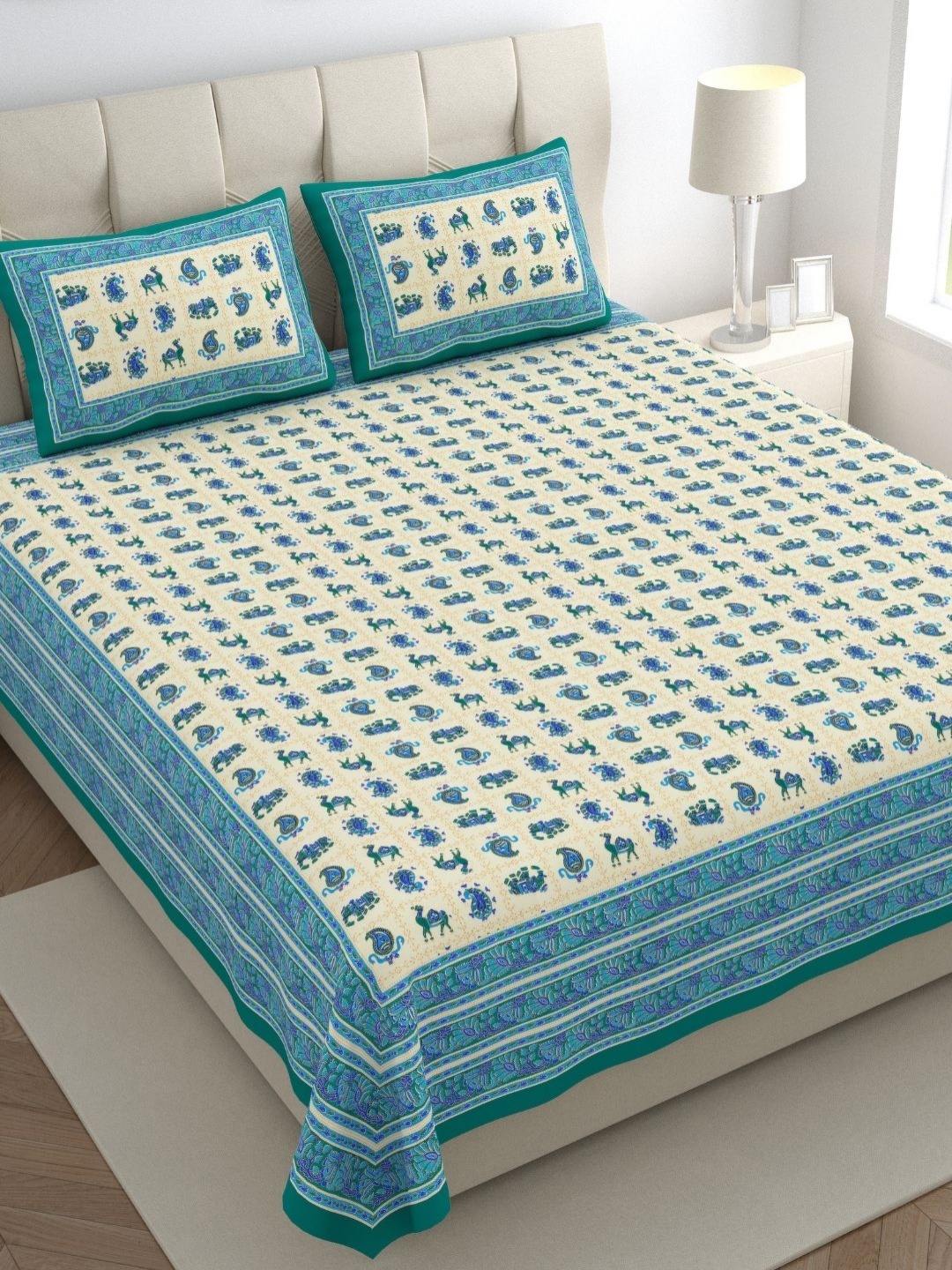 

The Craft Monk Beige & Green Printed Cotton 300 TC Super King Bedsheet & 2 Pillow Covers