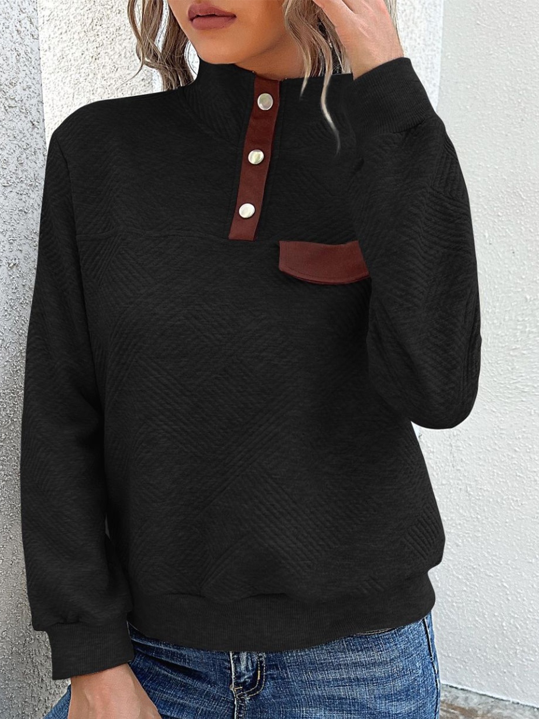 

KPOP Women Self Design High Neck Pullover Sweatshirt, Black