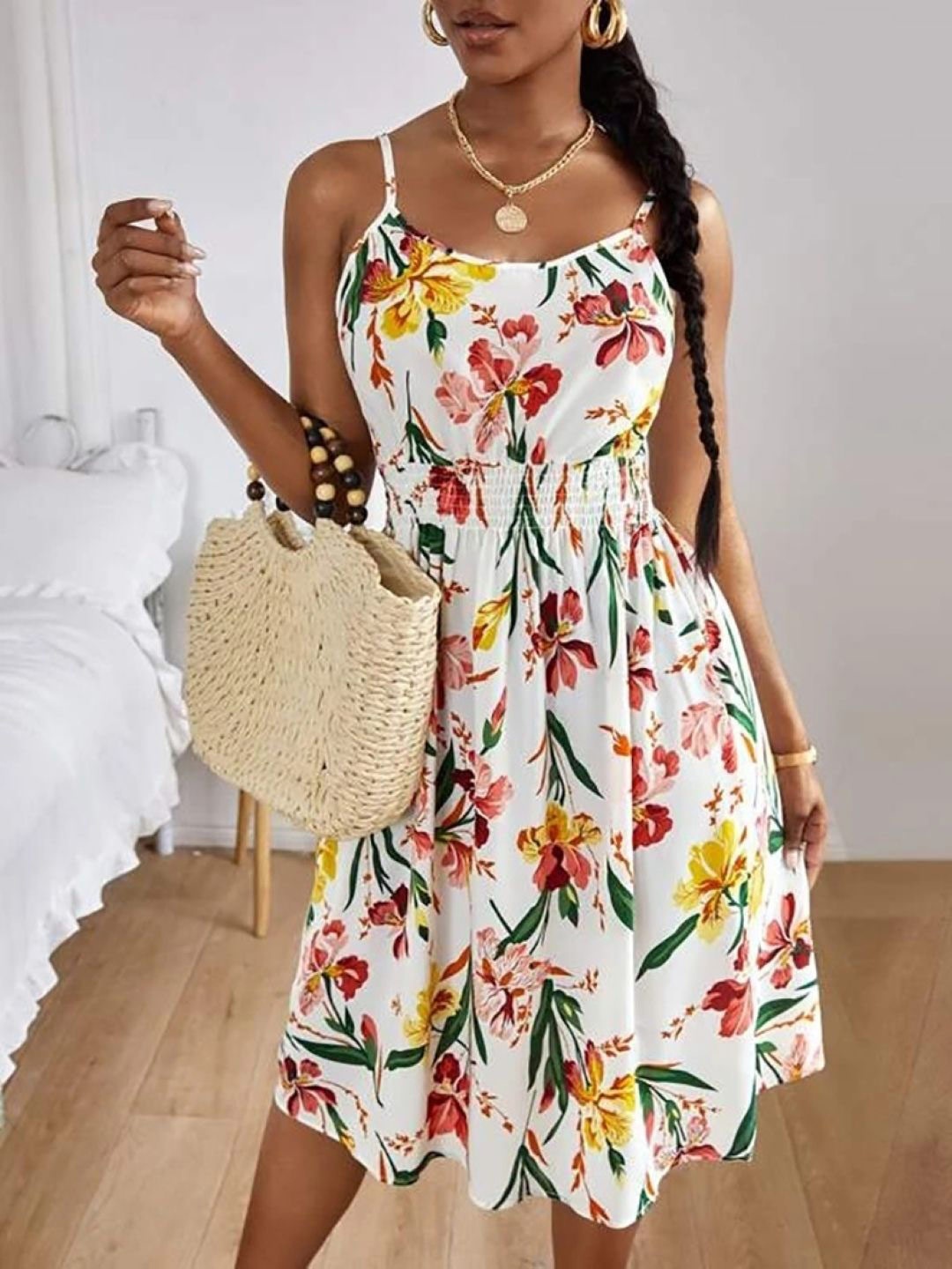 

KPOP Floral Printed Shoulder Straps A-Line Dress, White